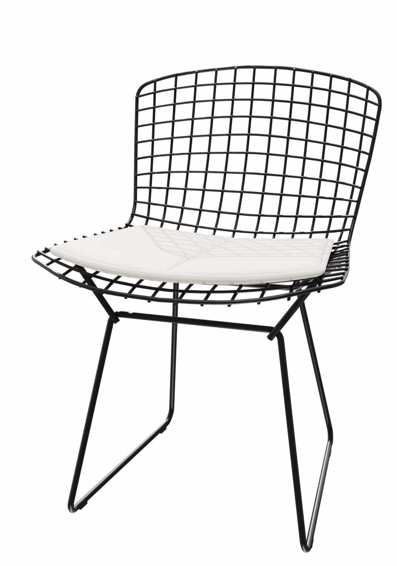 Bertoia Stuhl für den Außenbereich von Knoll International: Schwarzer Drahtstuhl mit weißem Sitzkissen.