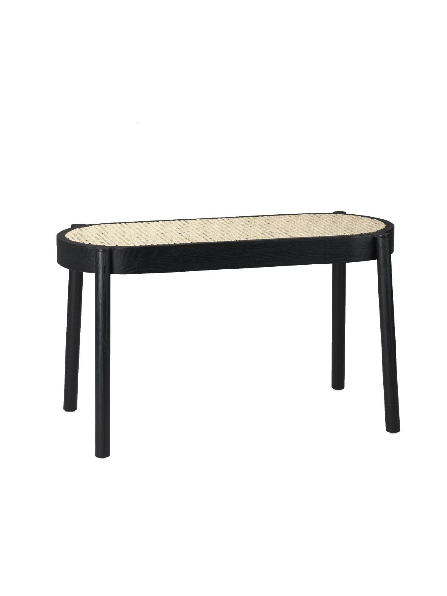 Schwarze Pal Bank Northern mit ovaler Sitzfläche aus Rattan, moderne Holzbank für Esszimmer.