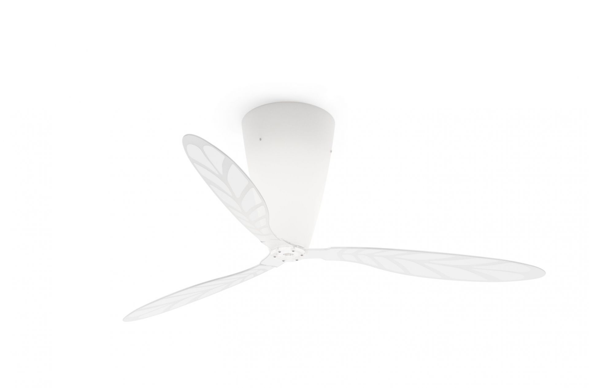 Weißer Luceplan Blow Deckenventilator mit Flügelset und siebbedrucktem Blattmuster, modernes Design.