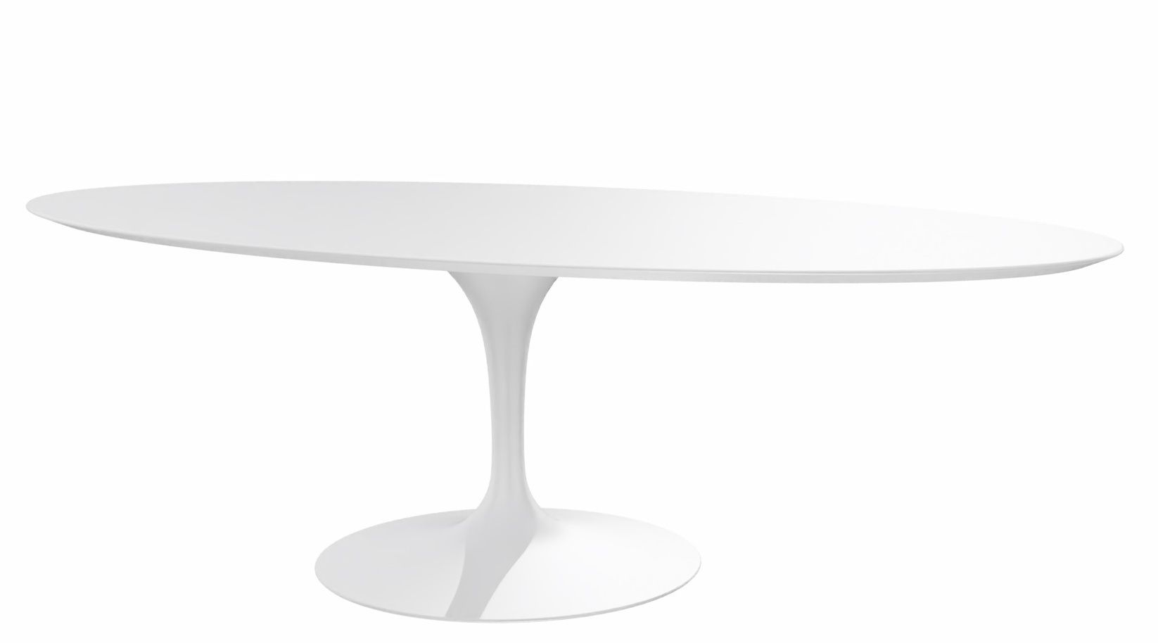 Weißer, ovaler Saarinen Esstisch von Knoll International mit zentralem Fuß auf weißem Hintergrund.