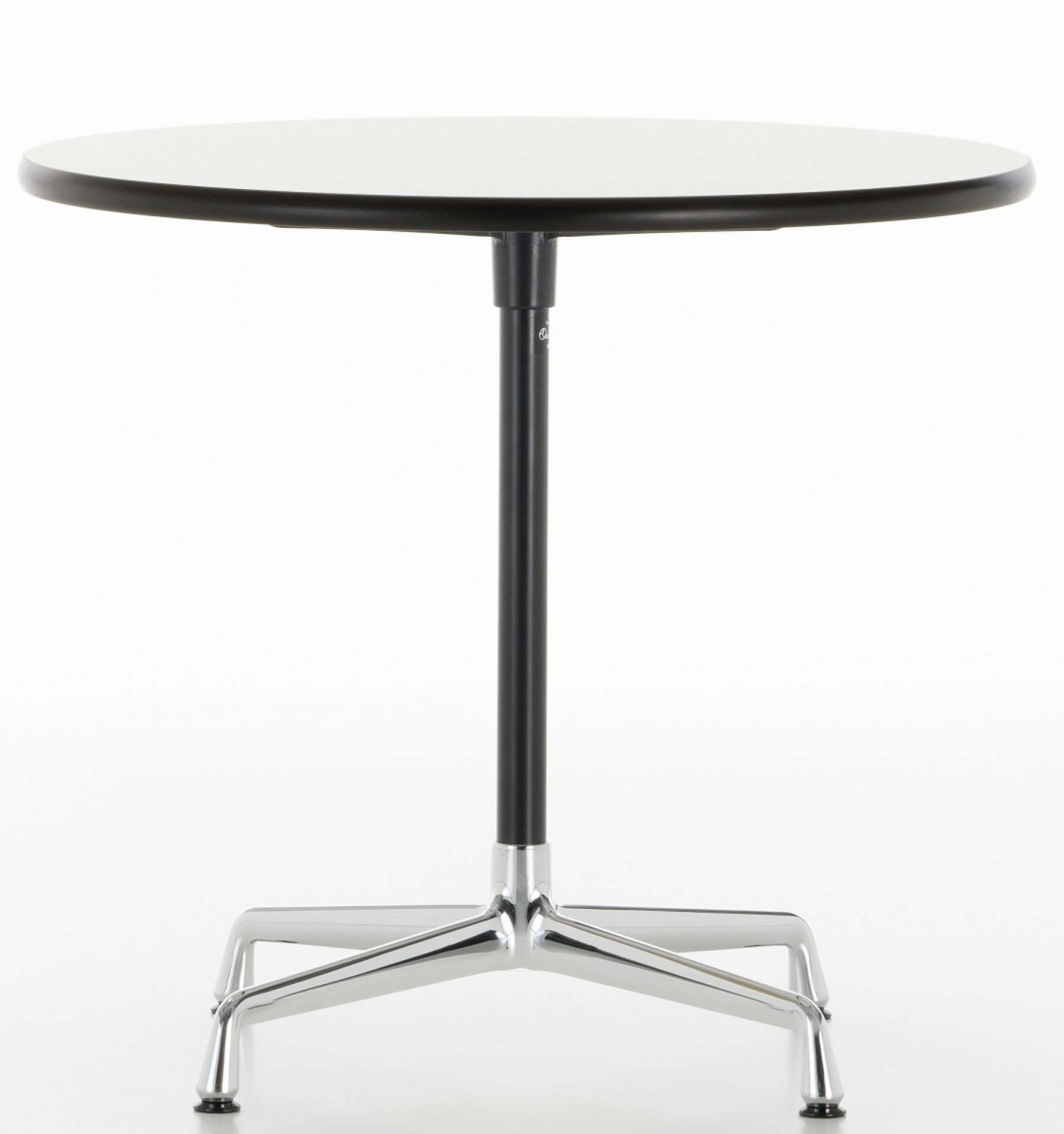 Vitra Eames Contract Table, runder Tisch mit weißer Tischplatte und Chromfuß.