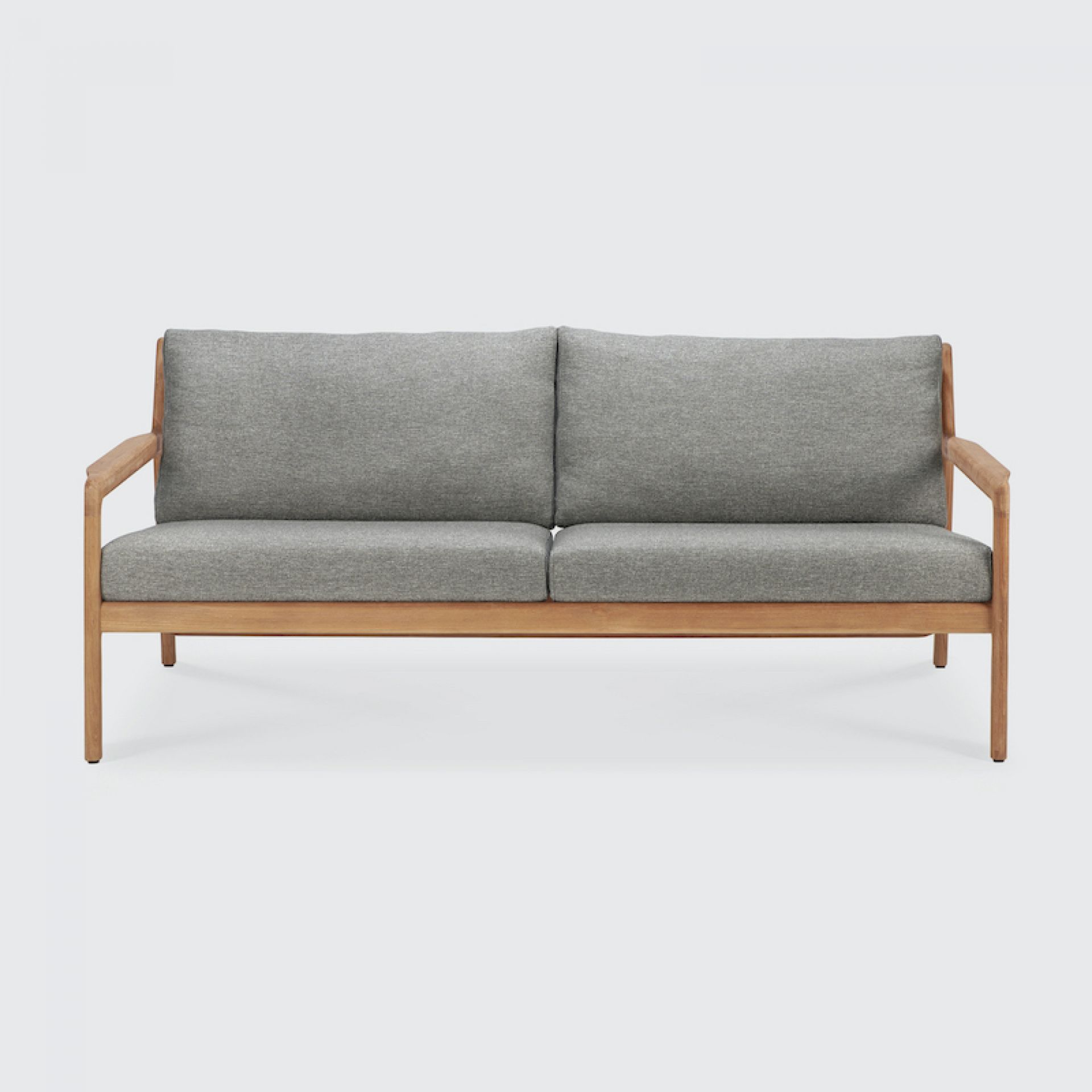 Jack Outdoor Sofa: 2-Sitzer Gartensofa aus Teakholz mit grauen Kissen für den Außenbereich.