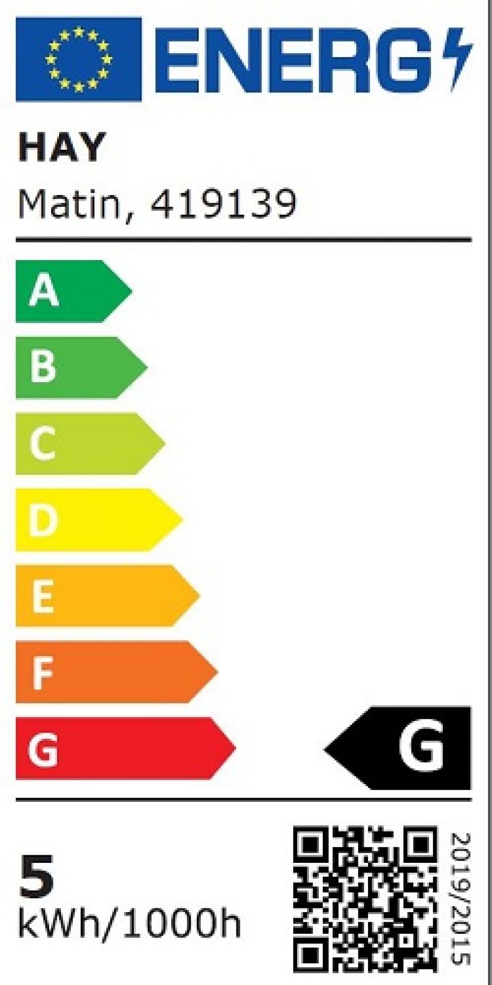 Energieeffizienzlabel der Hay Matin Tischleuchte mit Energieklasse G und 5 kWh/1000h.