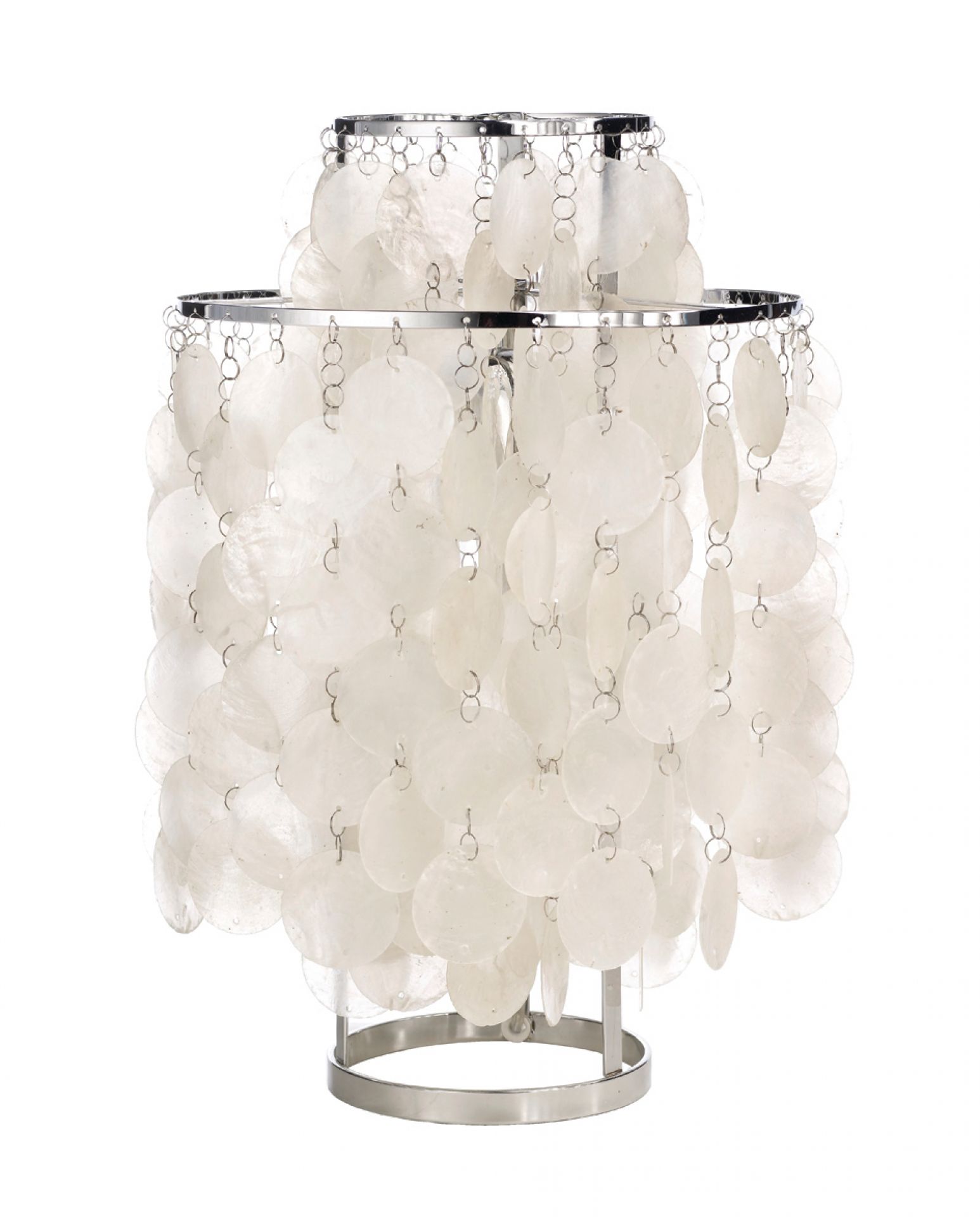 FUN 2TM Tischleuchte von Verpan mit Muschelscheiben und Chromgestell. Dekorative Lampe für Wohnzimmer und Schlafzimmer.