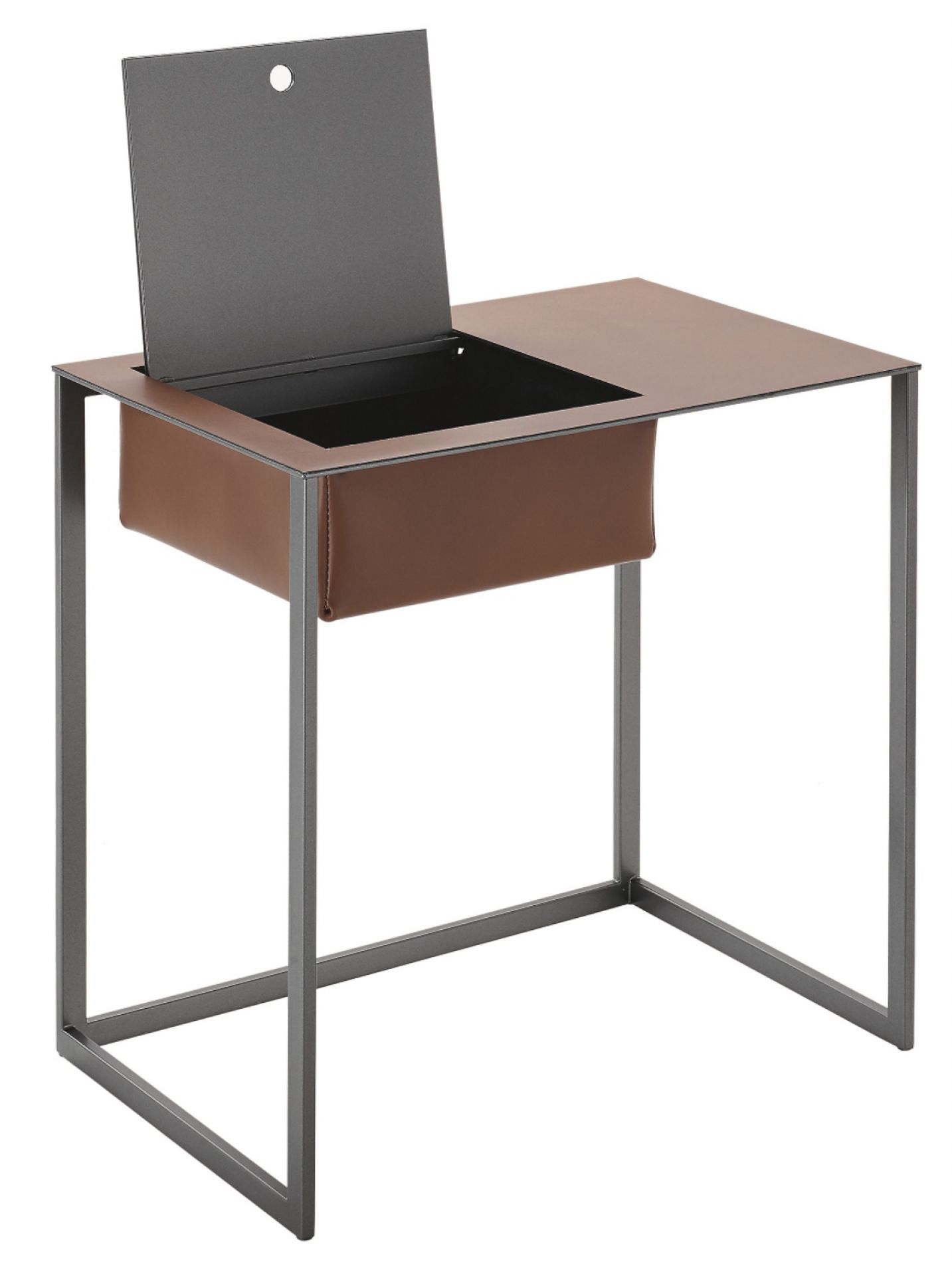 Taschino Nachttisch von Zanotta mit offenem Staufach und braunem Lederbehälter, modernes Design.