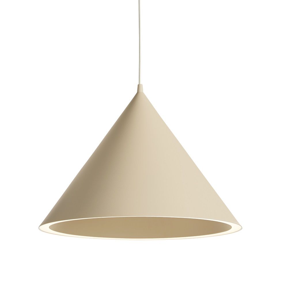 Beige Annular Pendelleuchte von Woud, moderne Kegelform, minimalistische Hängeleuchte für Wohnzimmer und Esszimmer.