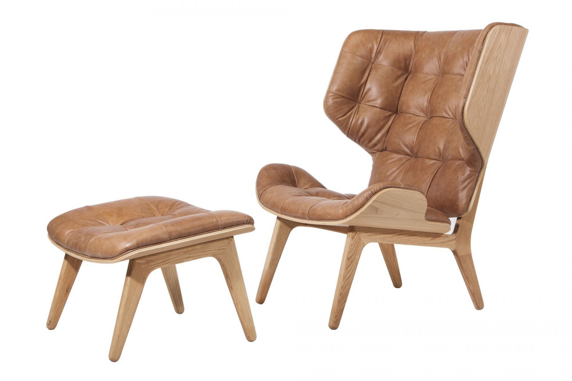 Mammoth Ottoman mit dunkelbraunem Lederbezug und Eichengestell, bequemer Ledersessel mit Fußhocker.