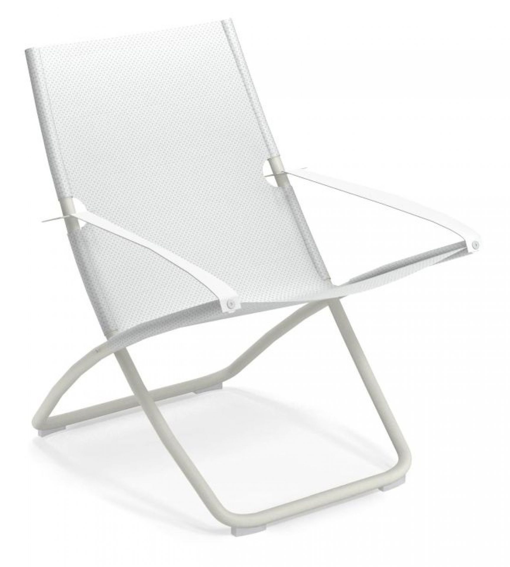 Weißer Snooze Liegestuhl von Emu: Moderner Gartenliegestuhl mit Armlehnen und atmungsaktivem Textilbezug.