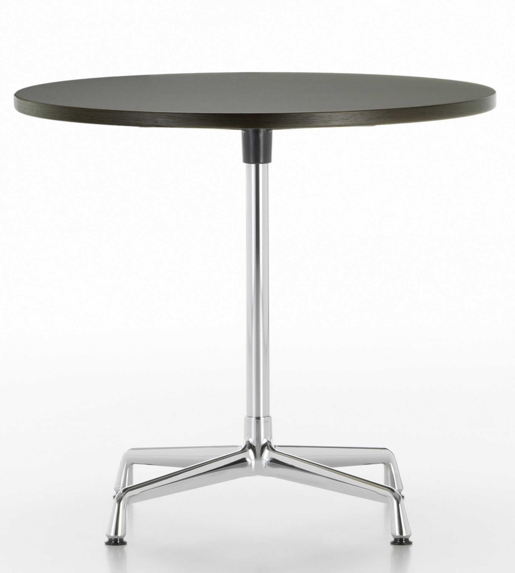 Runder Eames Contract Table von Vitra mit dunkler Tischplatte und verchromtem Fußgestell.