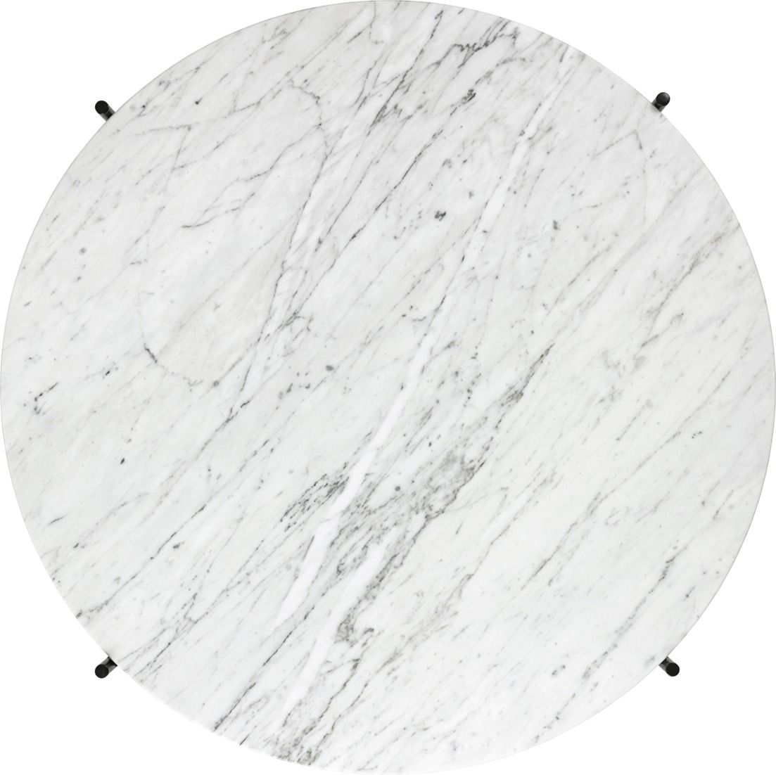 Draufsicht auf einen runden TS Coffee Table 55 Couchtisch von Gubi mit weißer Marmorplatte.
