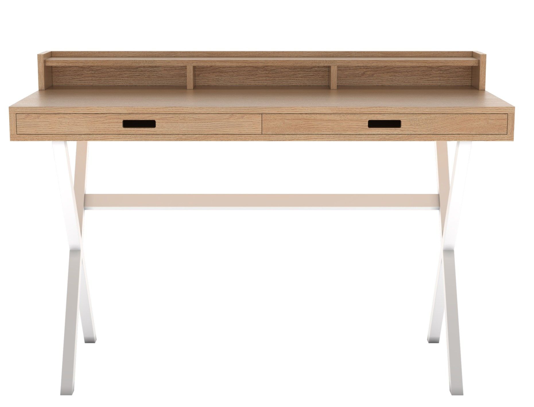 Hyppolite Sekretär: Schreibtisch mit Holzplatte, zwei Schubladen und weißem Metallgestell für Büro oder Arbeitszimmer.