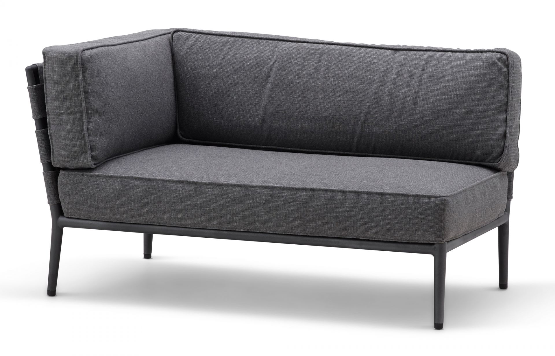 Graues Conic Outdoor Modulsofa 2-Sitzer rechts von Cane-Line mit bequemen Kissen und schwarzem Rahmen.