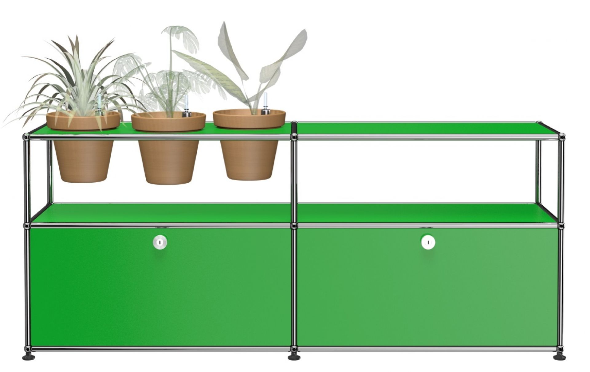 Grünes USM Haller Sideboard mit Pflanzenwelten-Konfiguration, modulare Möbel für Wohnzimmer und Büro.
