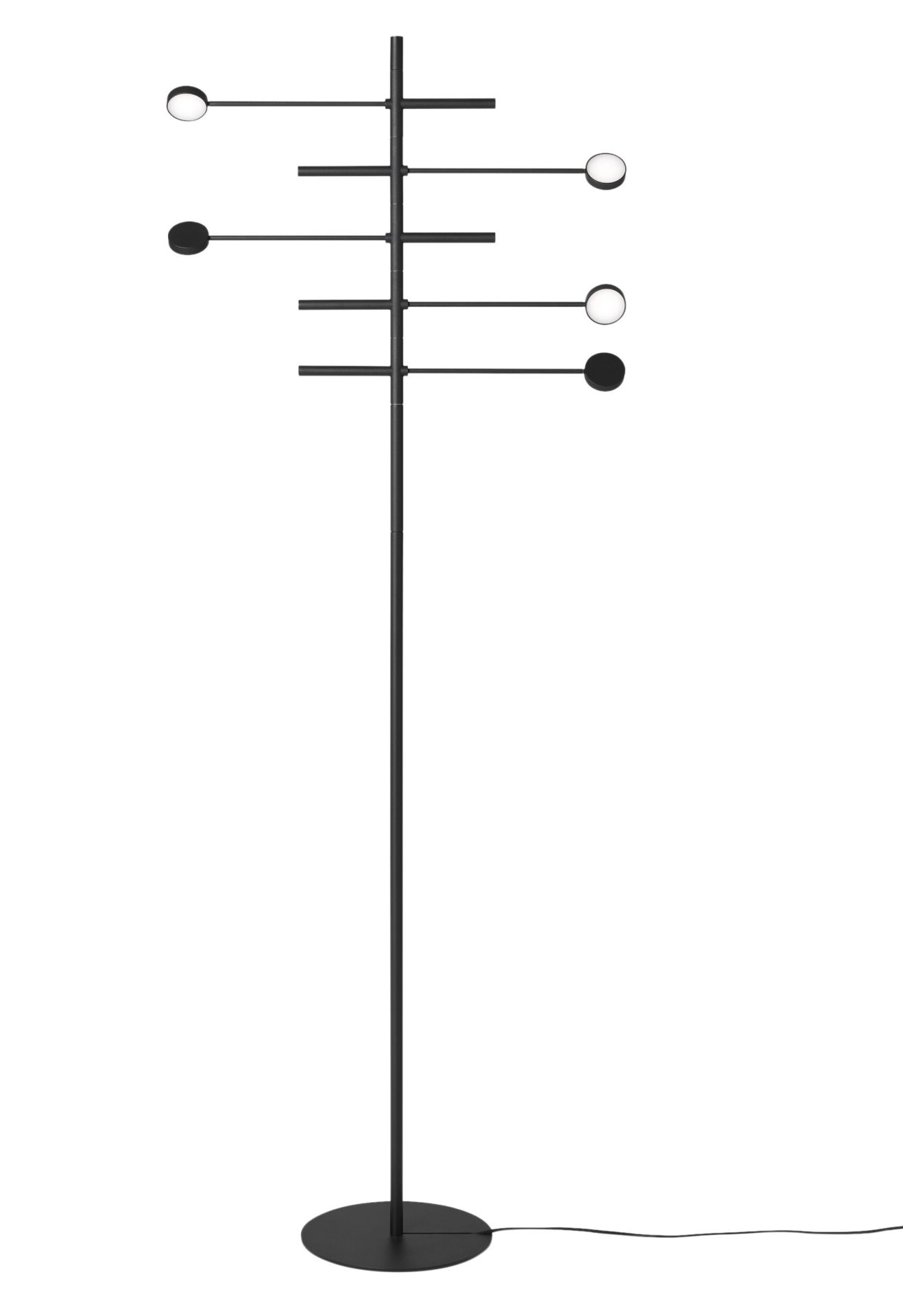 Kingpin Floor Stehleuchte Japth: Moderne, schwarze Stehlampe mit runden Leuchten und minimalistischem Design.