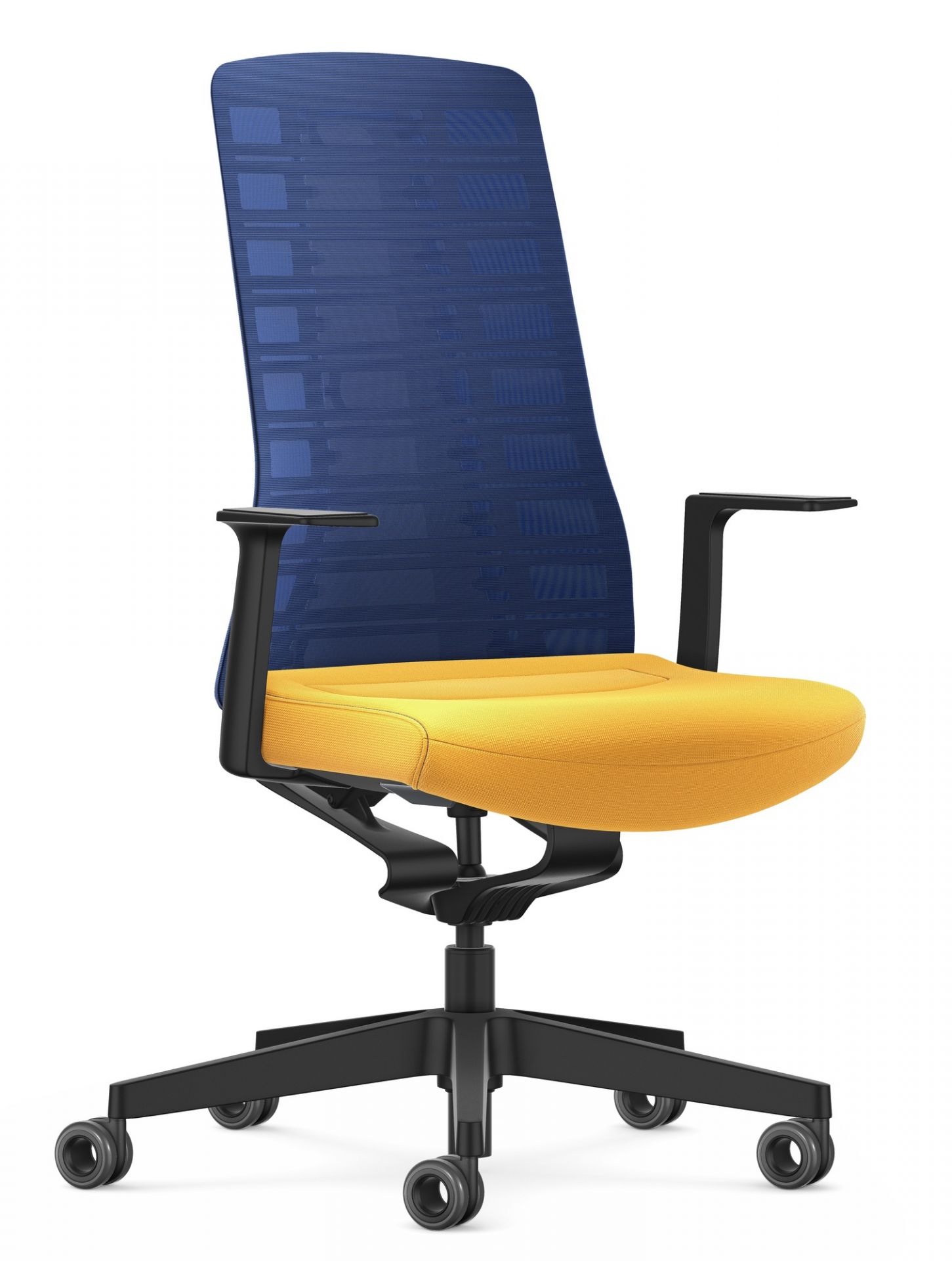 Pure Edition Active Bürostuhl von Interstuhl, blaues Netzgewebe, gelber Sitz, ergonomischer Drehstuhl.