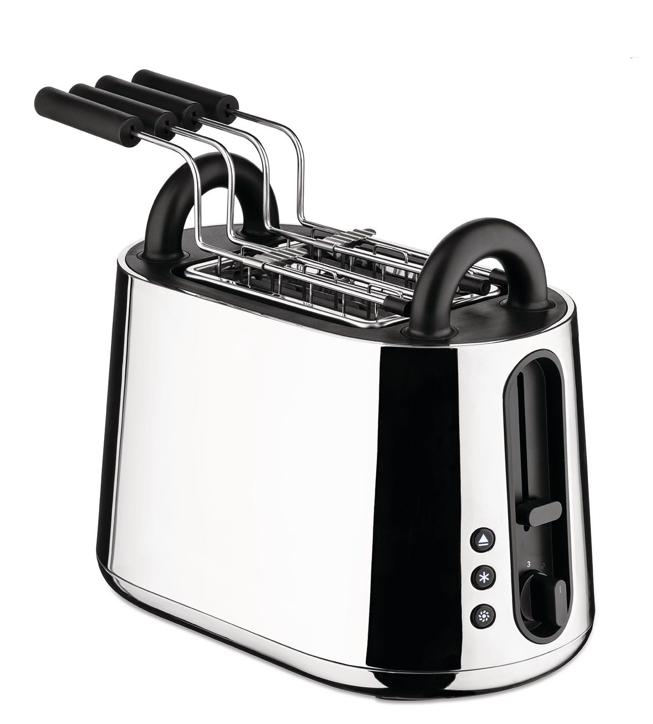Alessi Toru Toaster mit Toasterzangen Set: Edelstahl Toaster mit schwarzen Griffen. Küchengerät für Toast.