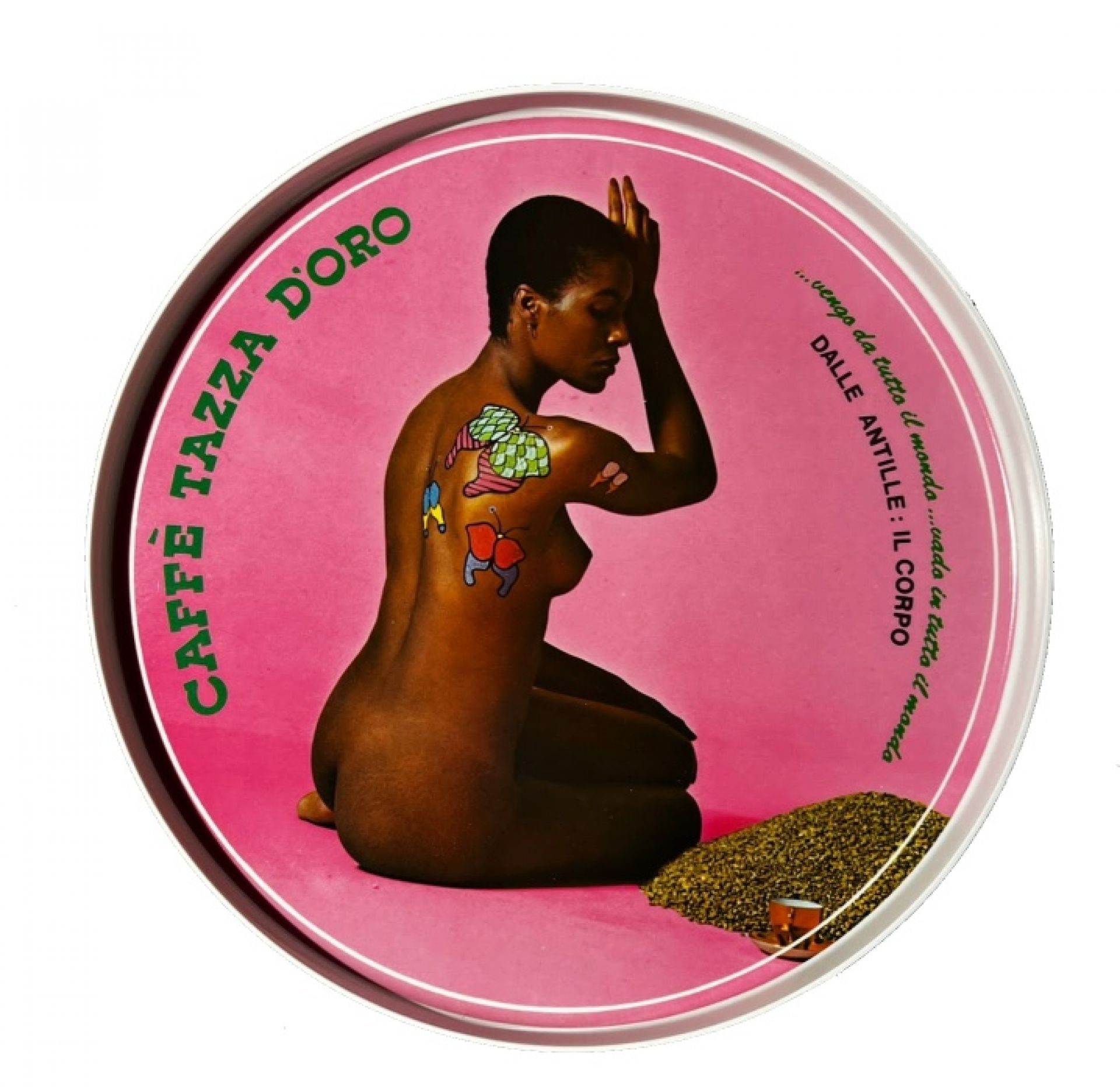 Caffè Tazza d'Oro Tablett: Rundes Serviertablett mit Kunstmotiv in Rosa, Condino Einzelstück.