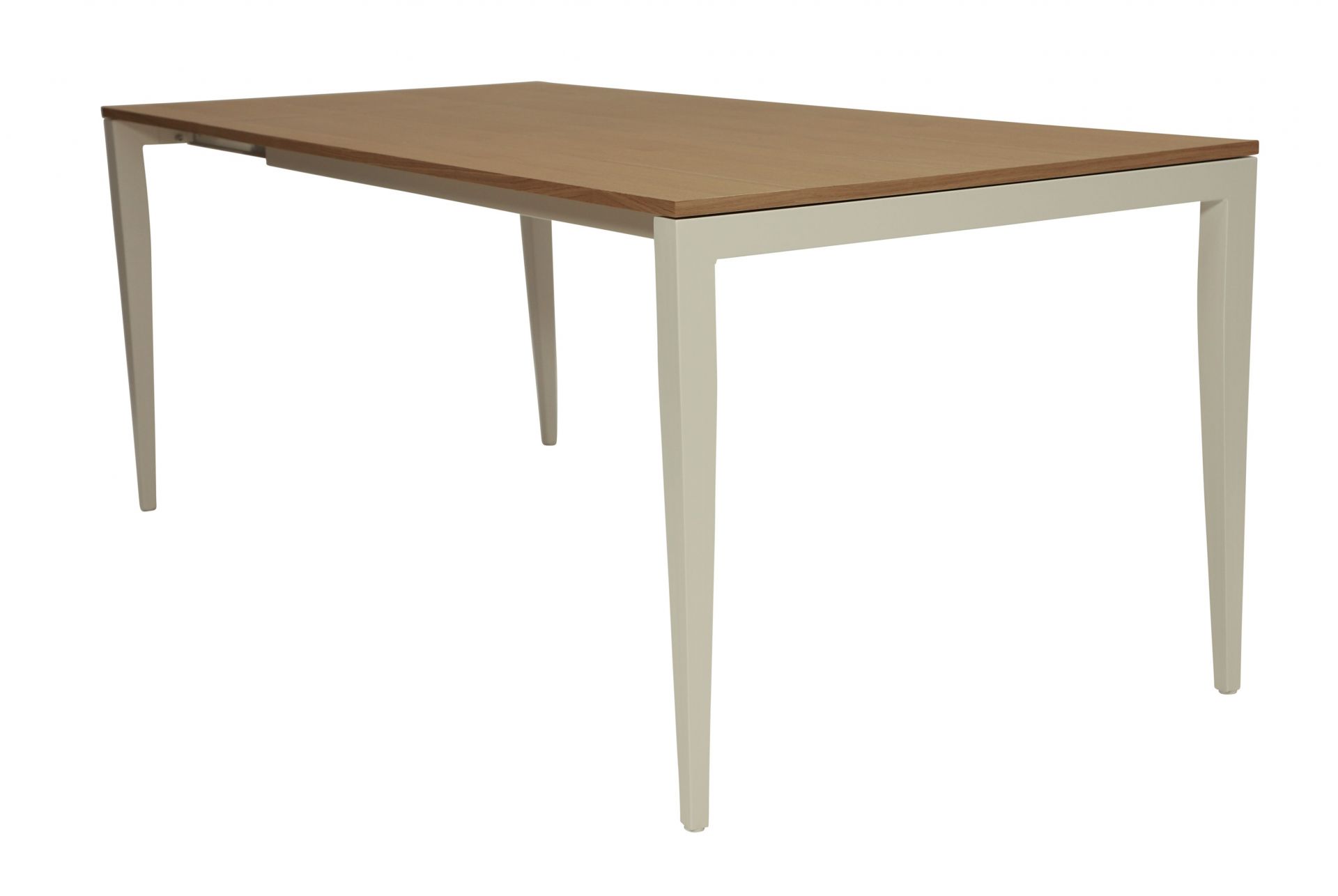 Jupiter Ausziehtisch: Moderner Esstisch mit heller Holzplatte und beigen Metallbeinen für Esszimmer und Küche.