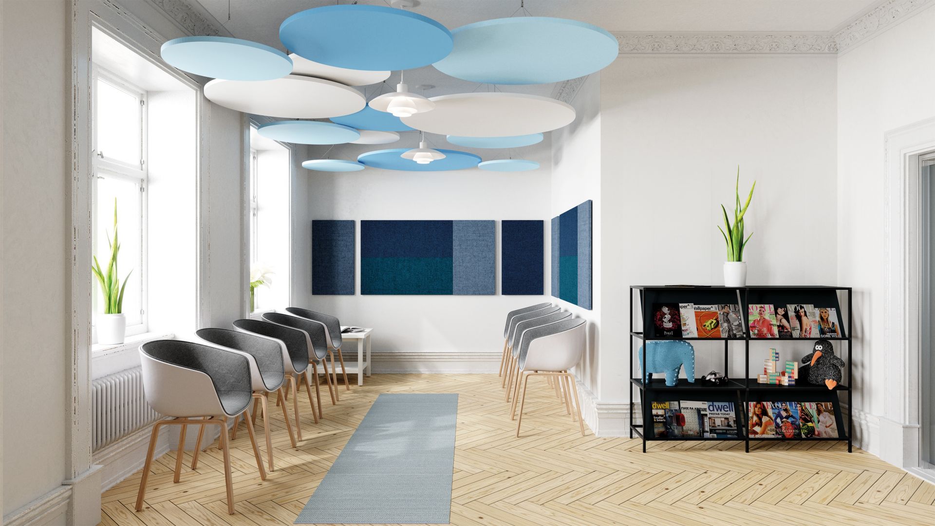 Heller Wartebereich mit Palmberg Akustikpaneelen in Blau und Weiß an der Decke und Wandabsorbern.