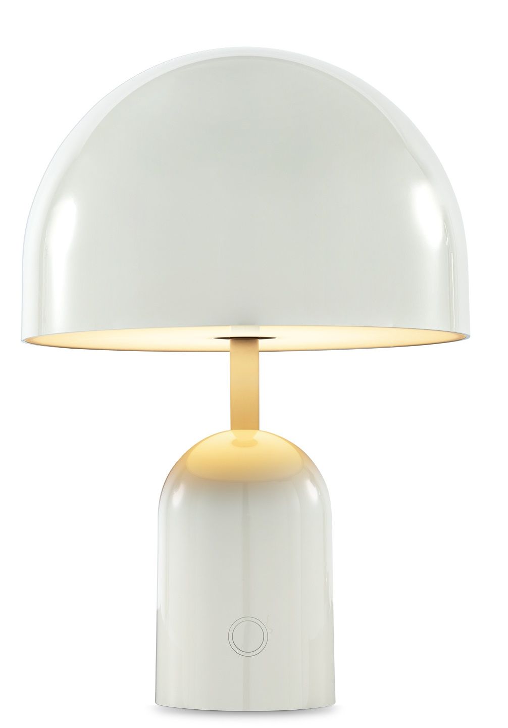 Nahaufnahme der Bell Portable LED Tischleuchte von Tom Dixon in Hellgrau.