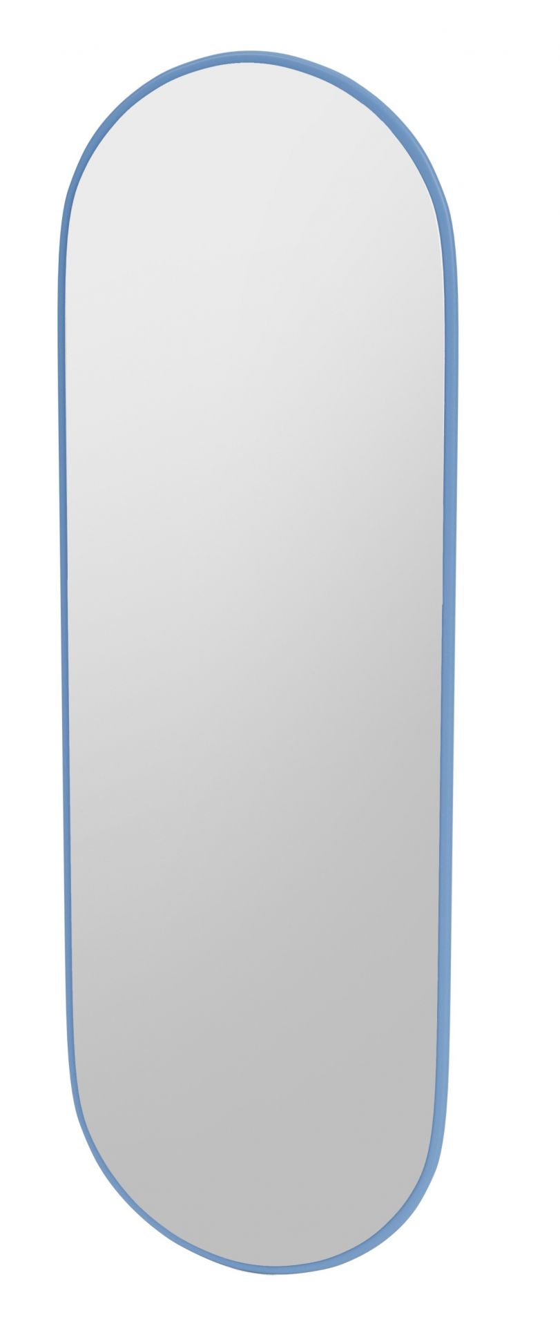 Rechteckiger Spiegel "Montana Azure" mit abgerundeten Ecken und blauem Rahmen. Wandspiegel für Badezimmer.