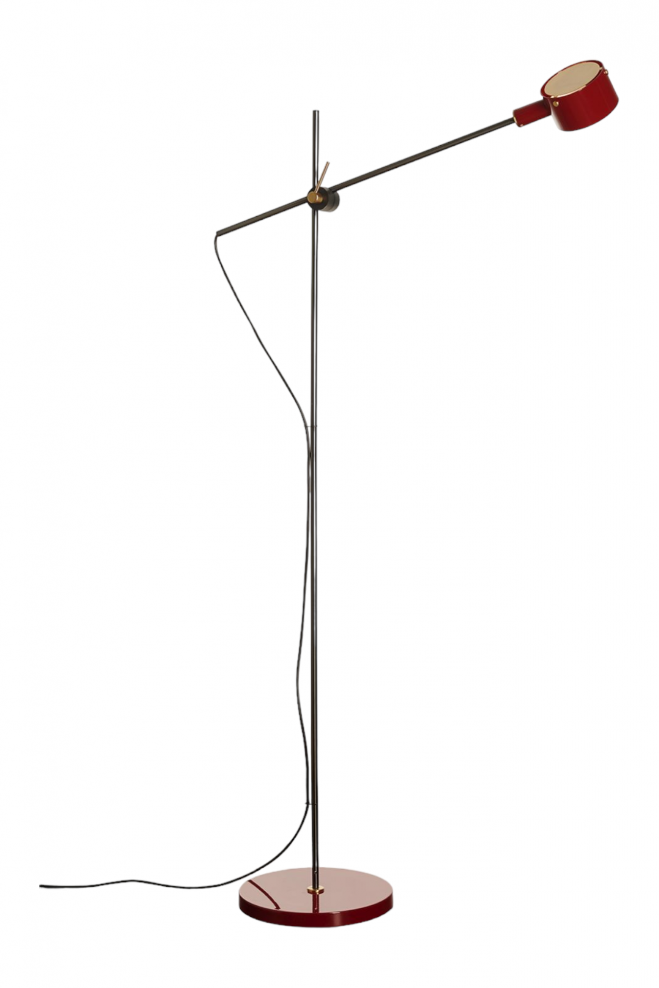 Rote Oluce Stehleuchte mit verstellbarem Arm und rundem Fuß für Wohnzimmer und Büro.
