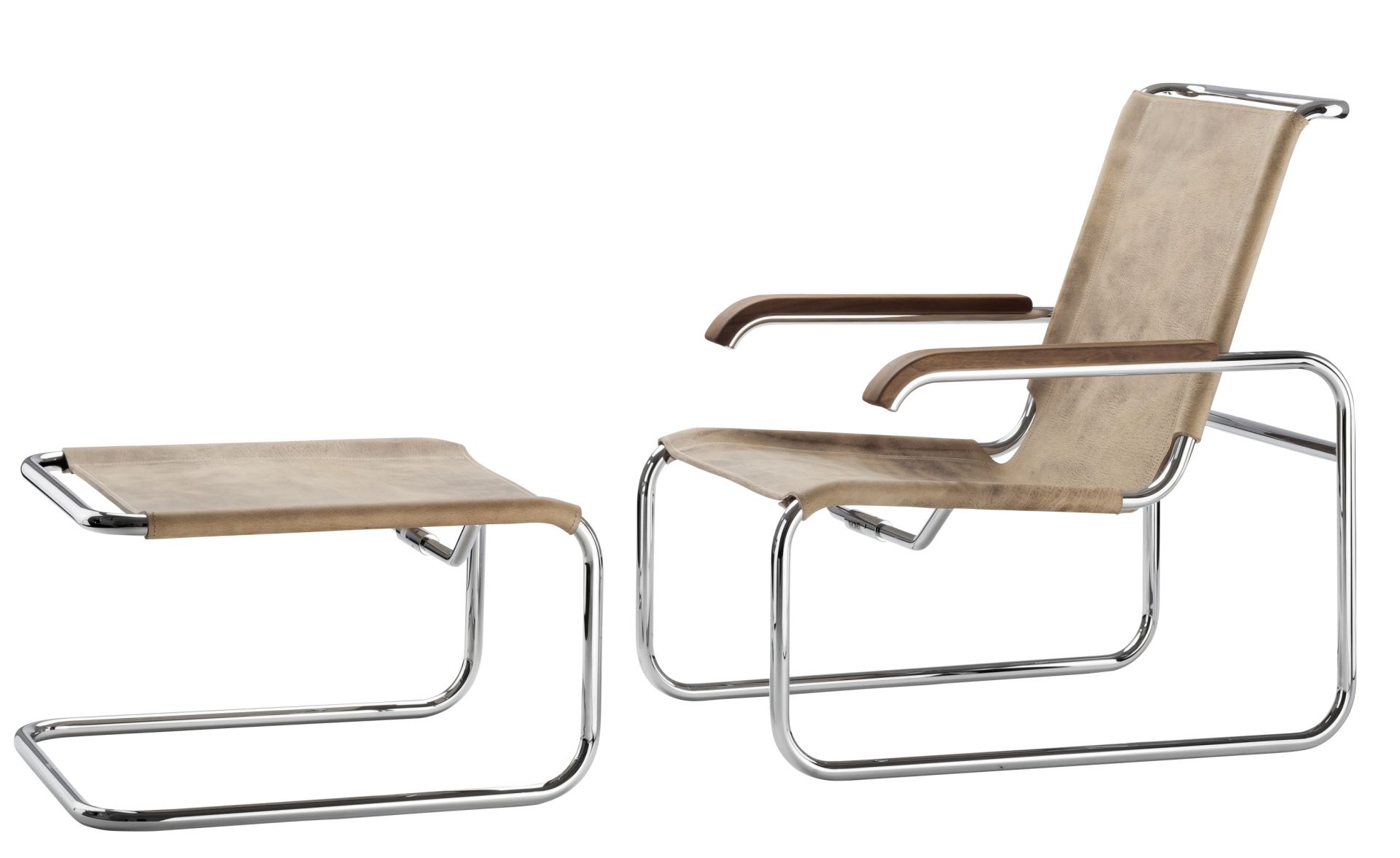 S 35 L Thonet Sessel mit Fußhocker, Lederbezug und verchromtem Stahlrohr Gestell. Designklassiker.