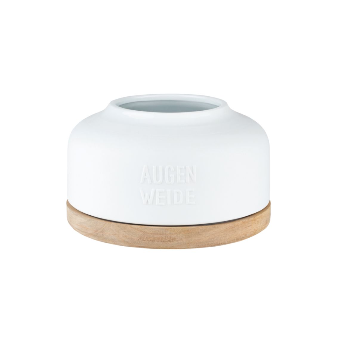 Weiße "Augenweide" Vase von Räder mit Holzsockel, moderne Blumenvase für stilvolle Dekoration.