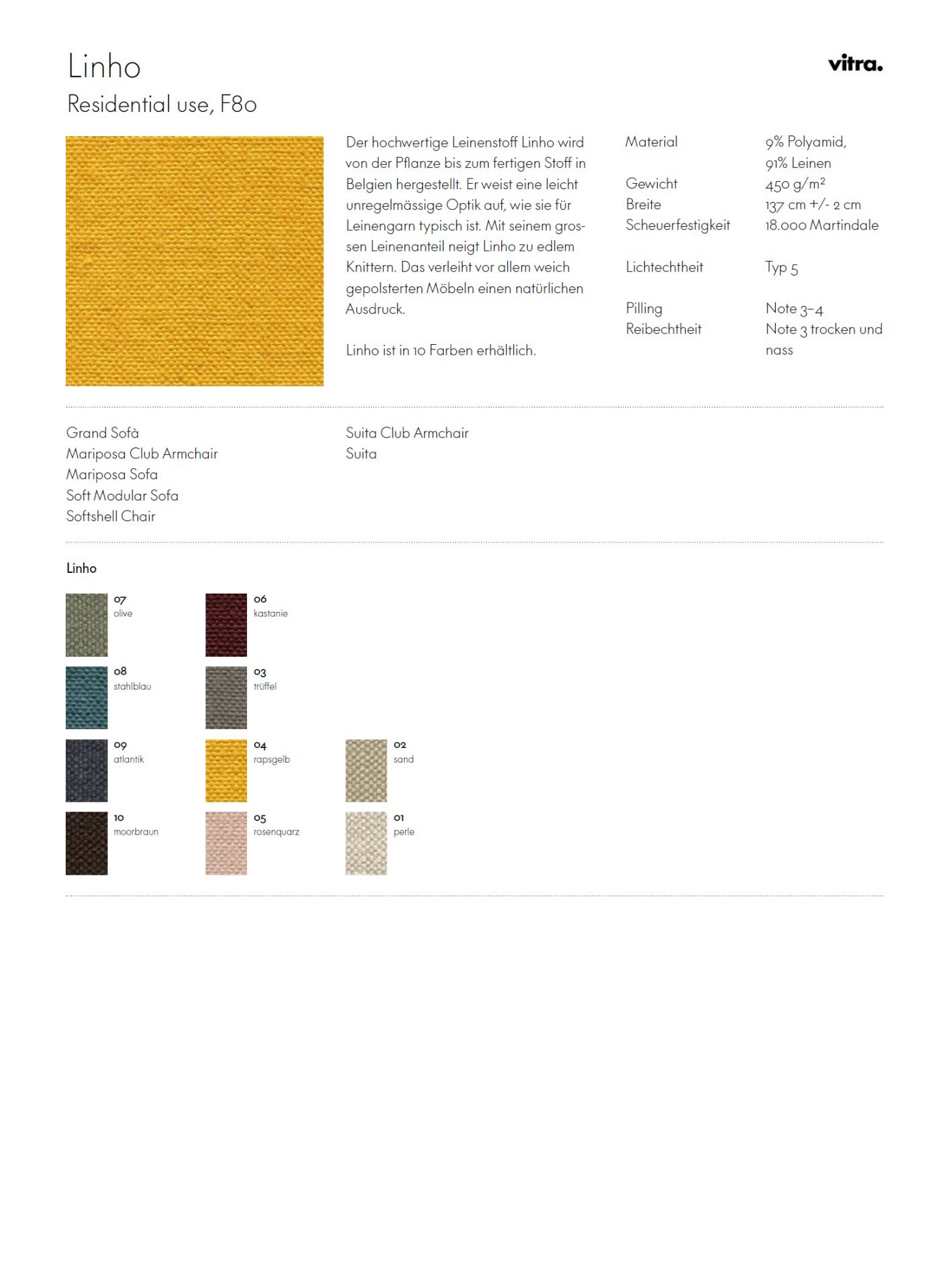 Stoffmusterkarte Linho Vitra: Nahaufnahme verschiedener Farbmuster des hochwertigen Leinenstoffes für Möbelbezüge.