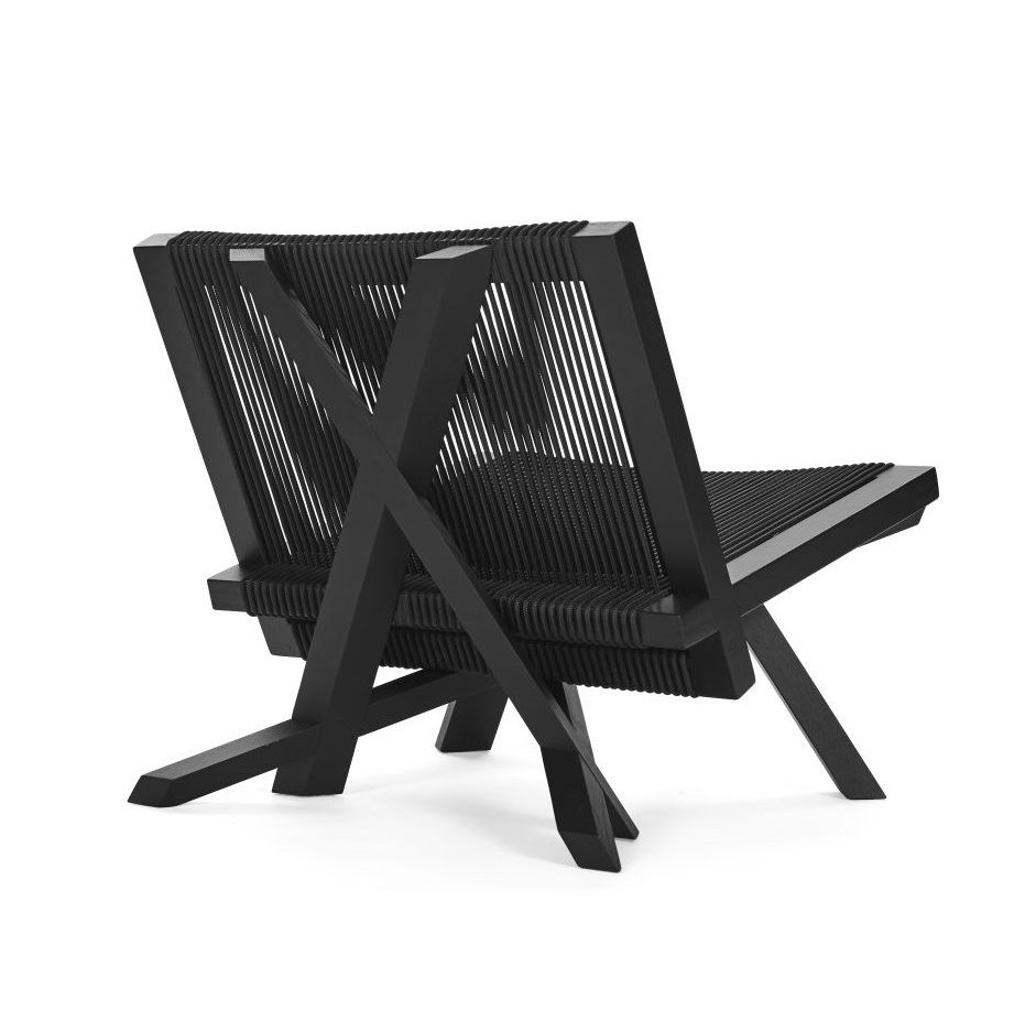 Schwarzer ClassiCon Volkshaus Lounge Chair Sessel mit Seilbespannung, Ansicht von hinten, modernes Designmöbel für Wohnzimmer.