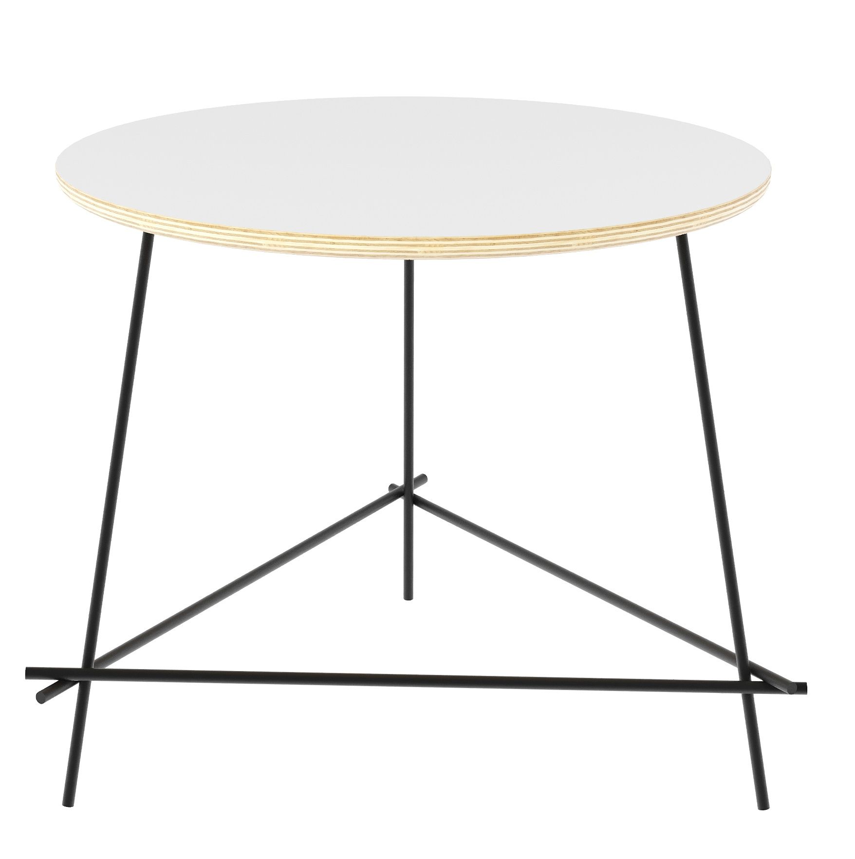 Weißer, runder Echo Low Beistelltisch von Müller Möbelwerkstätten mit filigranem, schwarzem Metallgestell.