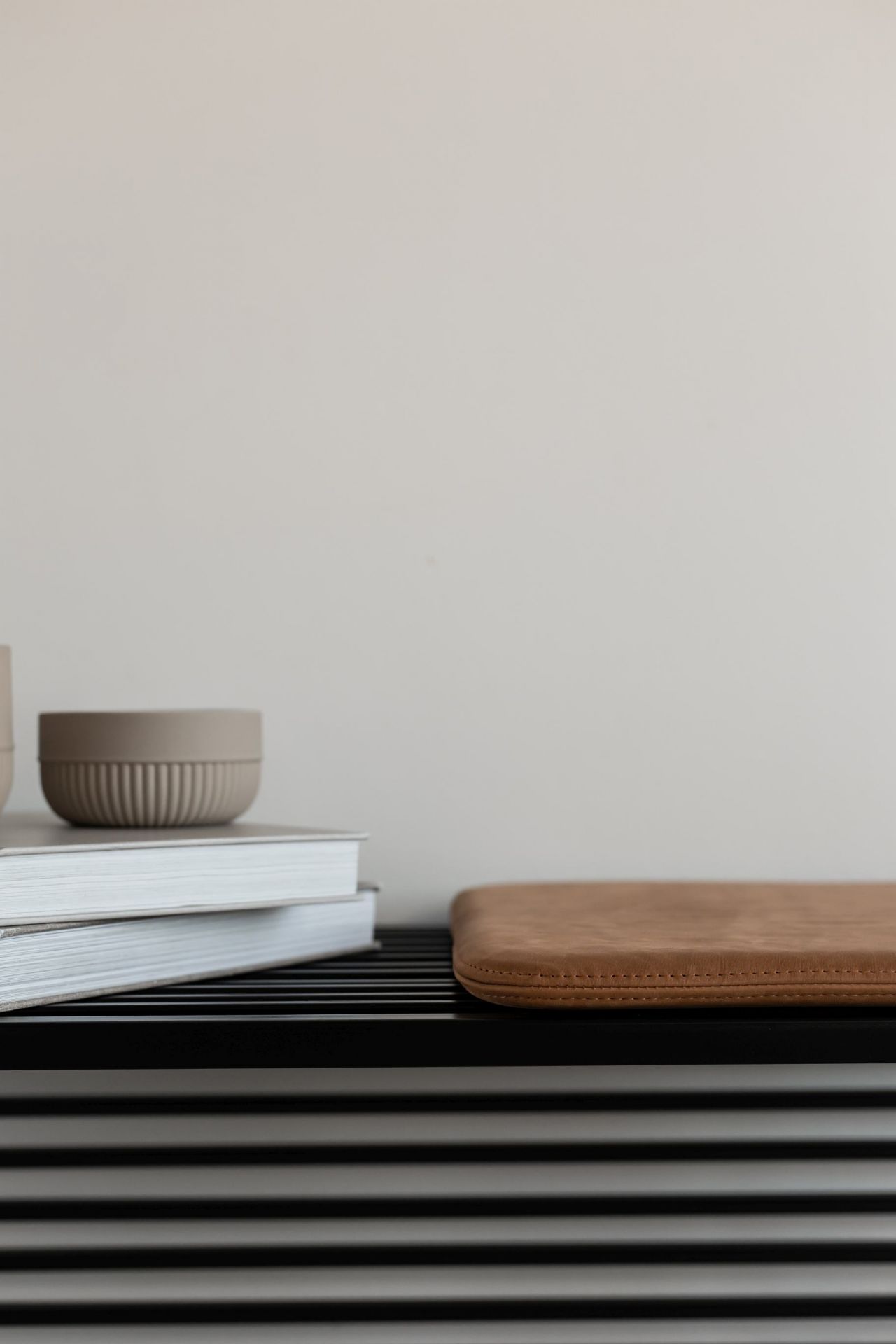 Novoform Element Bank mit Lederkissen, Bücher und Schale auf schwarzem Metallgestell. Moderne Sitzbank für Wohnzimmer.