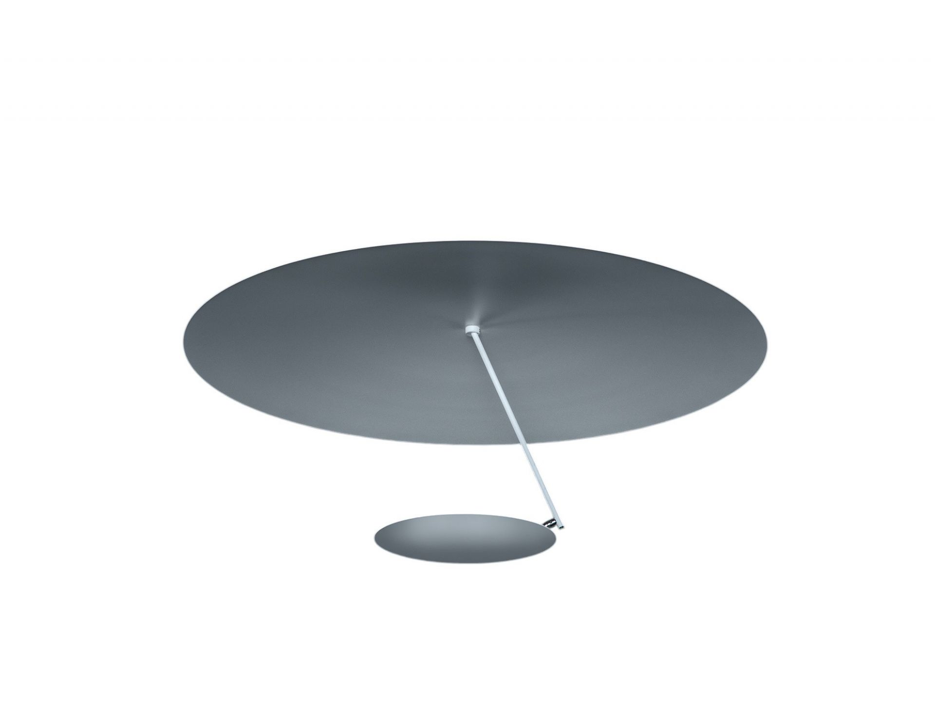 Silberne Lederam C150 Deckenleuchte von Catellani & Smith mit zwei runden, flachen Lampenschirmen.