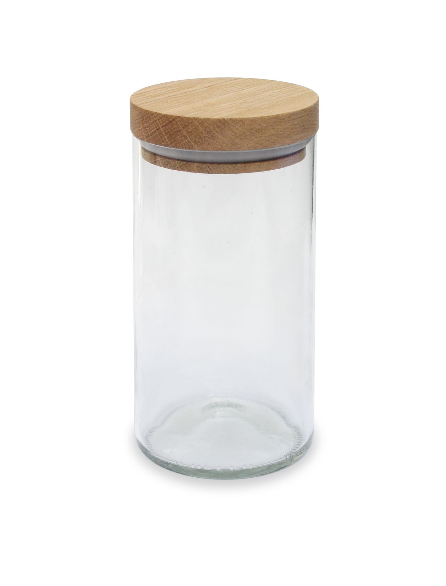 Klares Vorratsglas mit Holzdeckel, ideal für die Aufbewahrung von Lebensmitteln in der Küche.