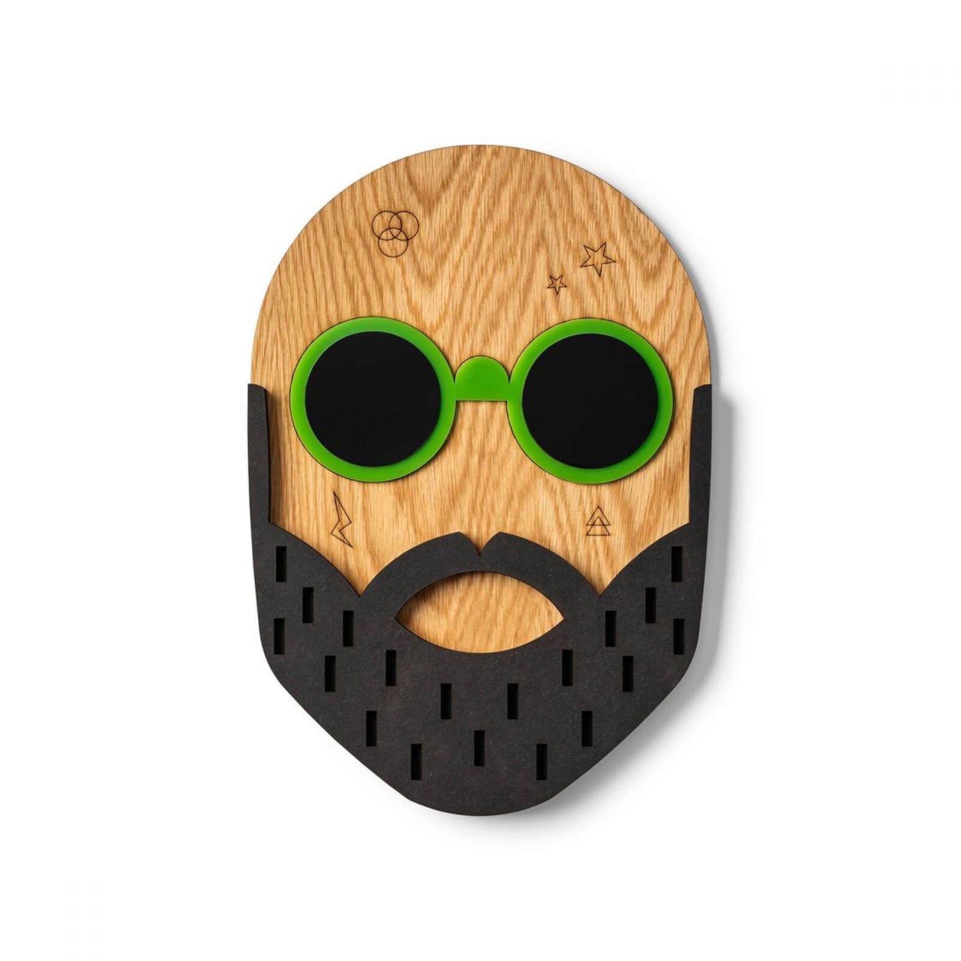 Hipster Mike Wandschmuck: Holzmaske mit Bart und grüner Brille, moderne Wanddeko für Wohnzimmer.