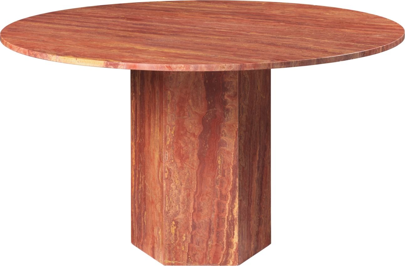 Runder Esstisch aus rotem Travertin von Gubi, modernes Design mit einzigartiger Maserung.