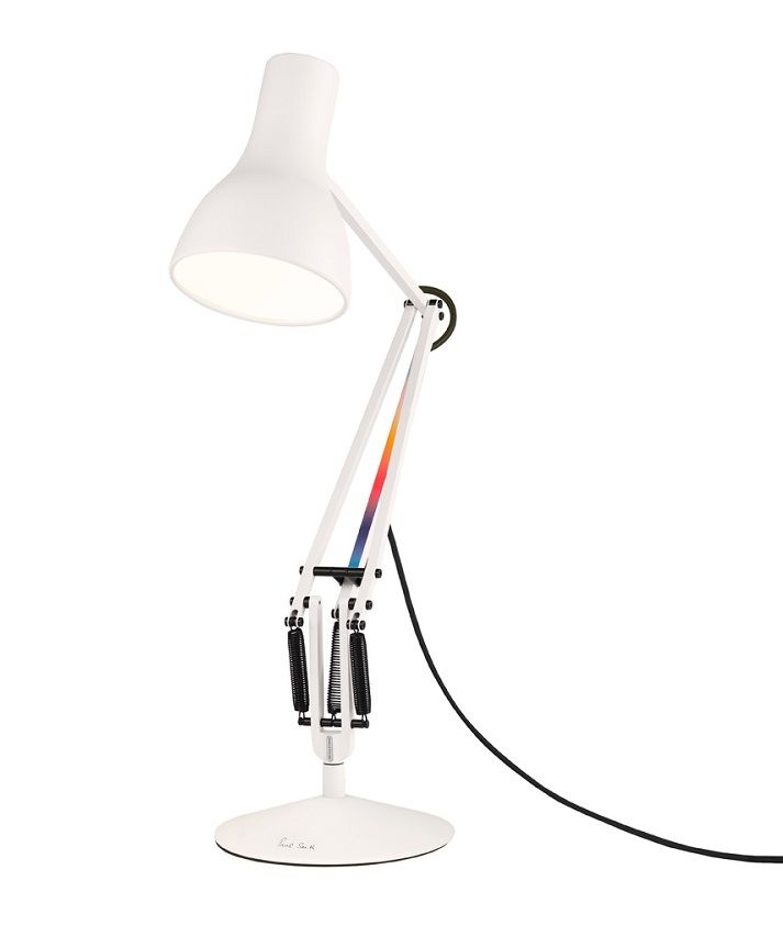 Weiße Type 75 Anglepoise Tischleuchte Paul Smith Edition mit verstellbarem Arm und Lampenschirm.
