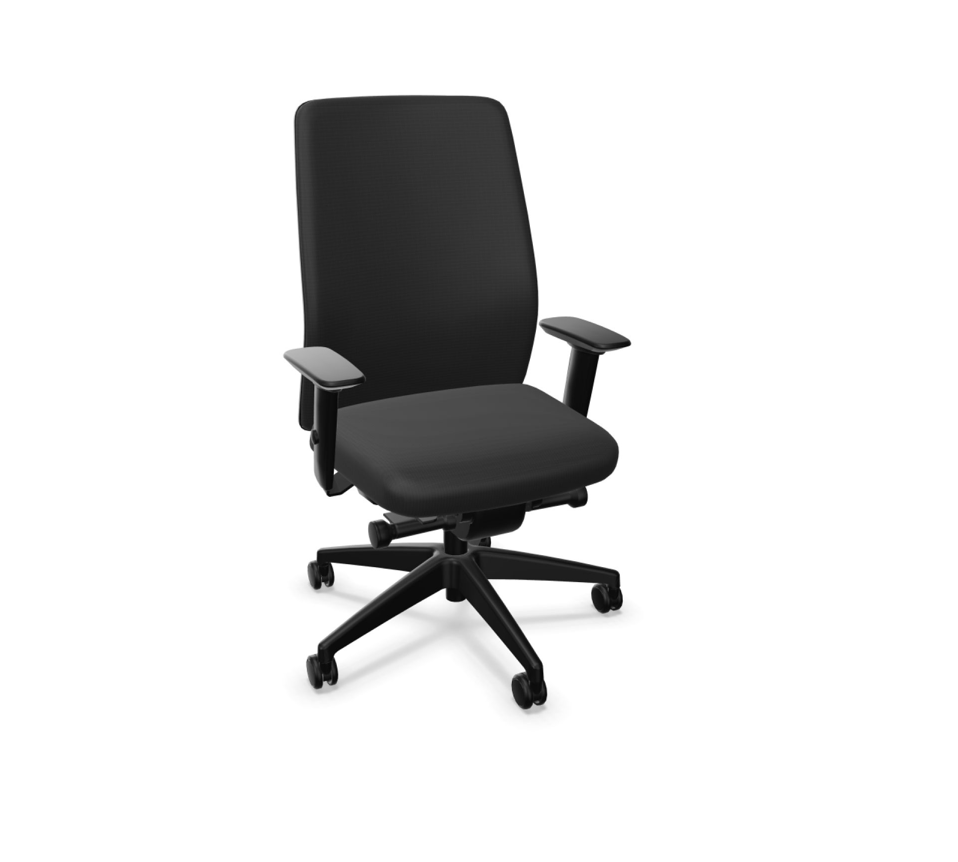 Schwarzer Aim Bürostuhl von Interstuhl mit Polsterrücken und Armlehnen auf Rollen. Ergonomischer Arbeitsstuhl.