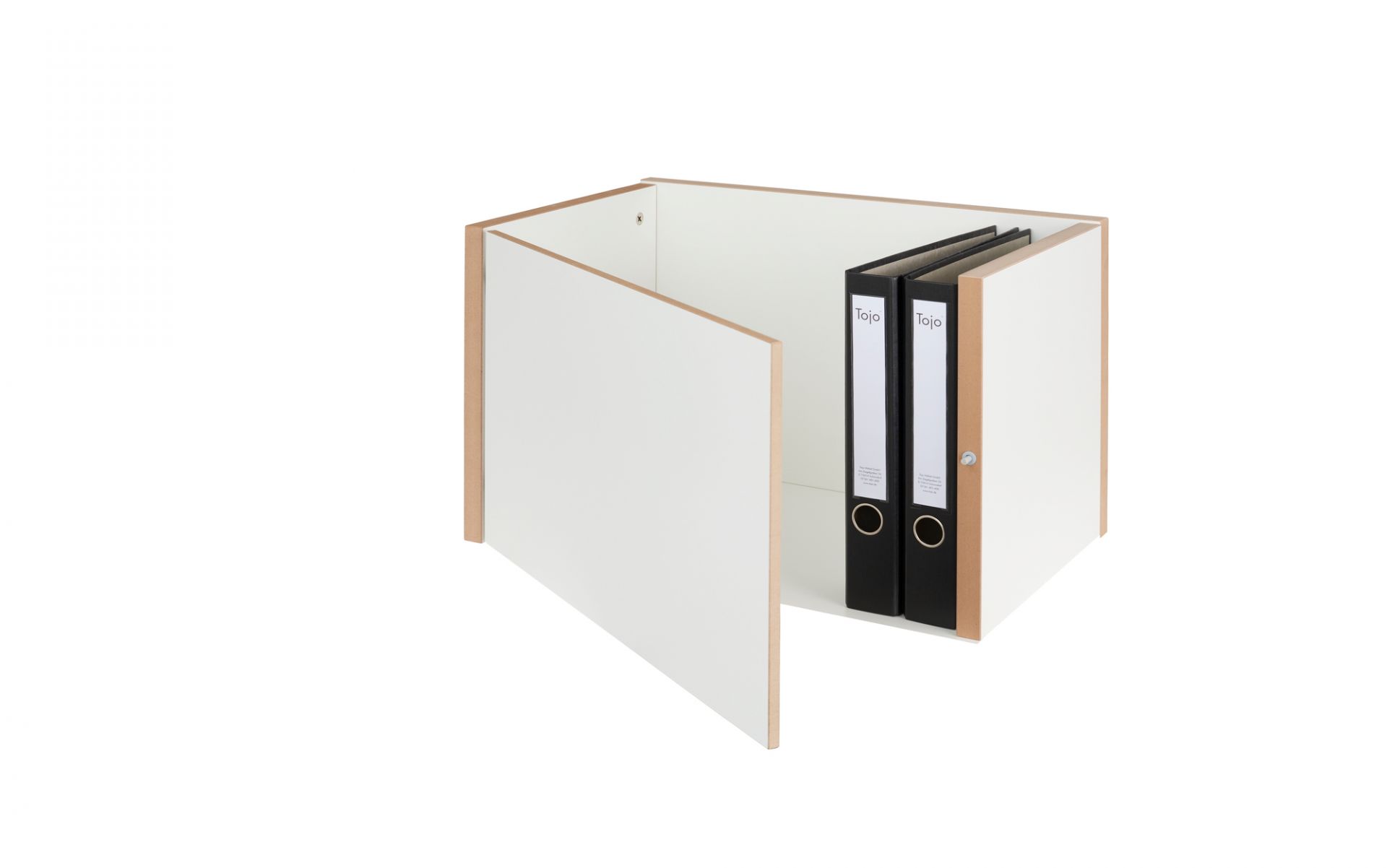 Tojo Stell Regal Türmodul, weißes Regalelement mit zwei Ordnern, offene Tür.