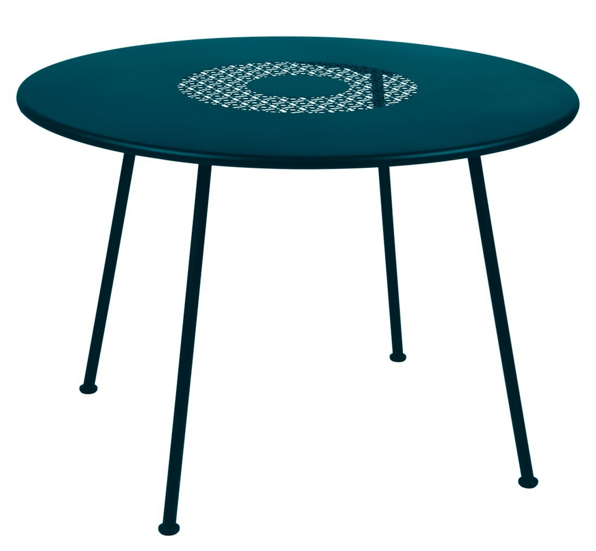 Blauer Lorette Gartentisch von Fermob, runder Outdoor Tisch mit filigranem Lochmuster in der Tischmitte.