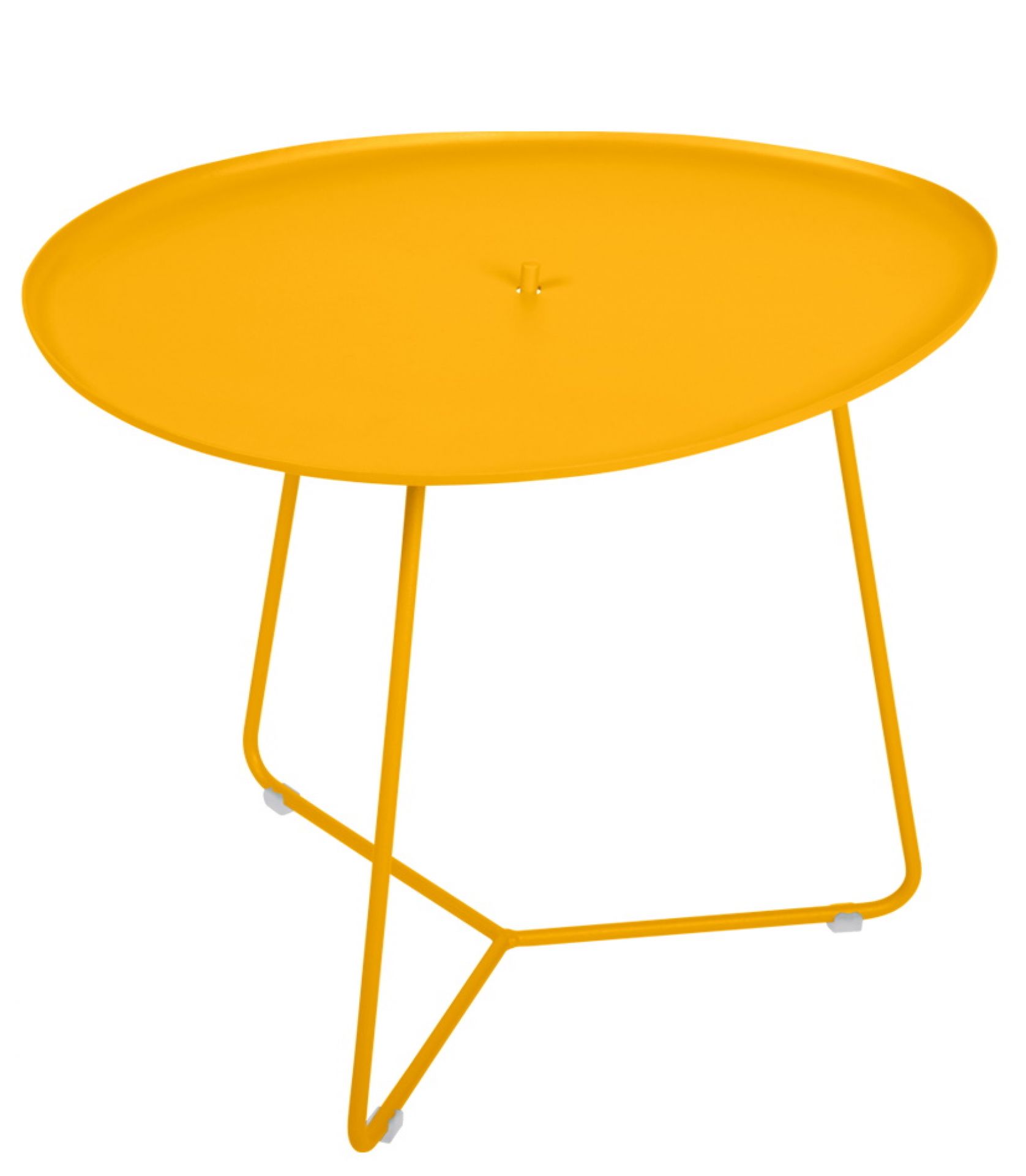 Gelber Cocotte Outdoor Tisch von Fermob mit abnehmbarer Tischplatte und filigranem Stahlgestell.