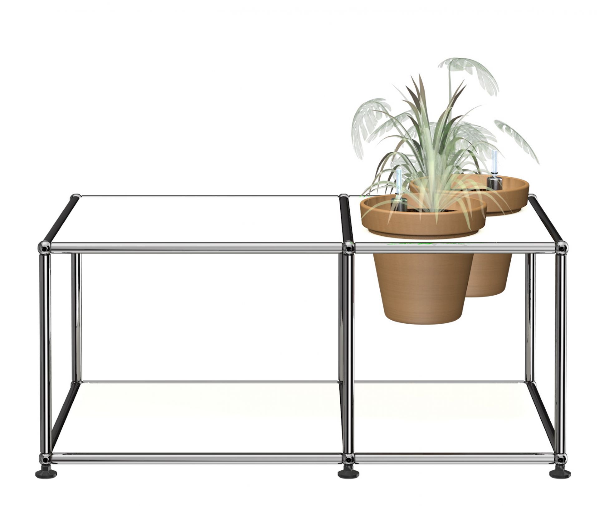 Pflanzenwelten Beistelltisch USM Haller in Reinweiss mit zwei Pflanzen in braunen Töpfen.