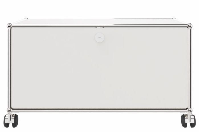 USM Haller Möbel: Reinweißes TV-/Hi-Fi-Möbel mit Rollen, moderner Stauraum für Wohnzimmer und Medien.