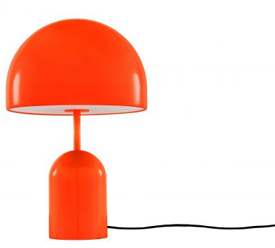 Orangefarbene Tom Dixon Bell Tischleuchte LED mit glänzendem Lampenschirm und Fuß.