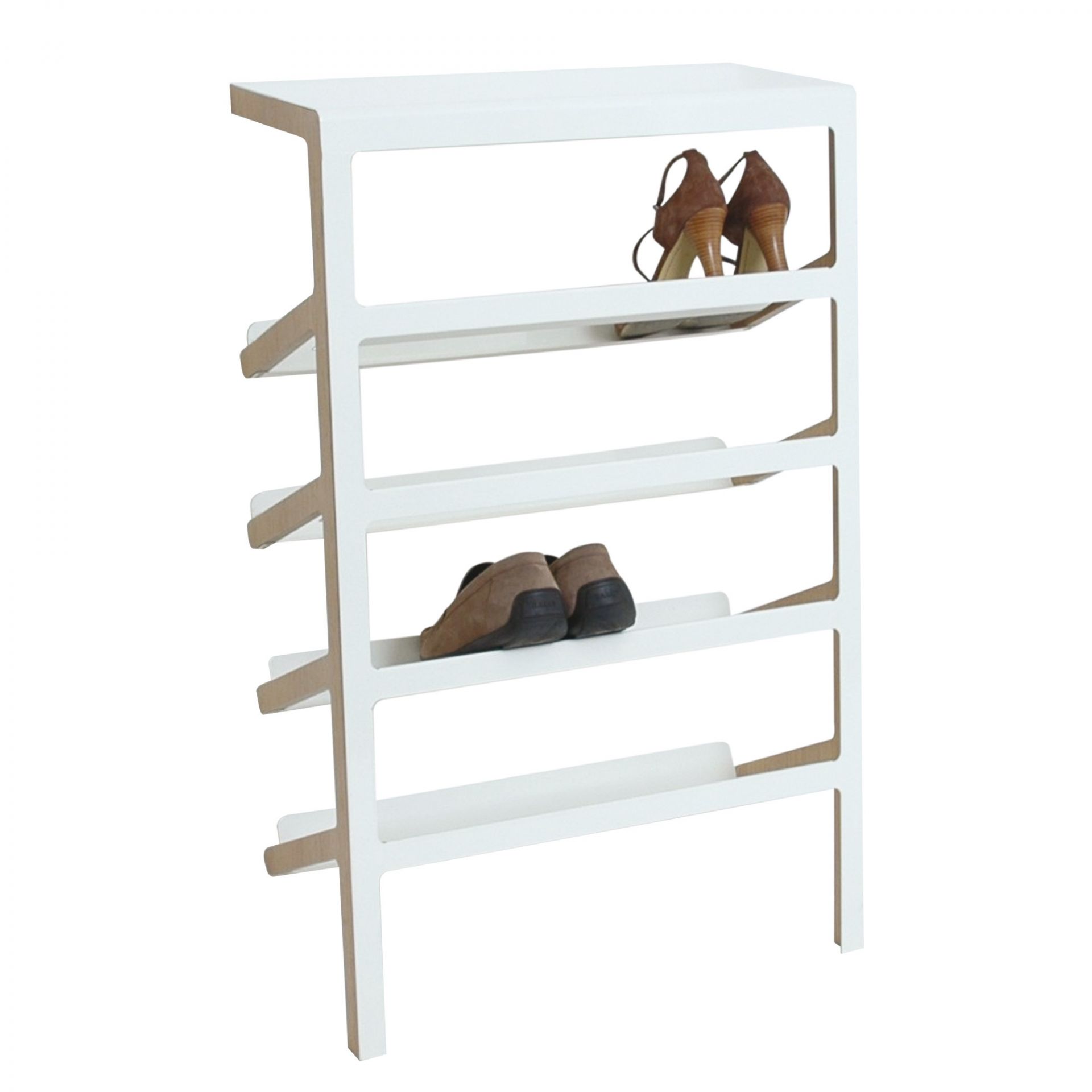 Weißes Mila Schuhregal mit vier Ablagen, teilweise mit Schuhen bestückt. Modernes Design.