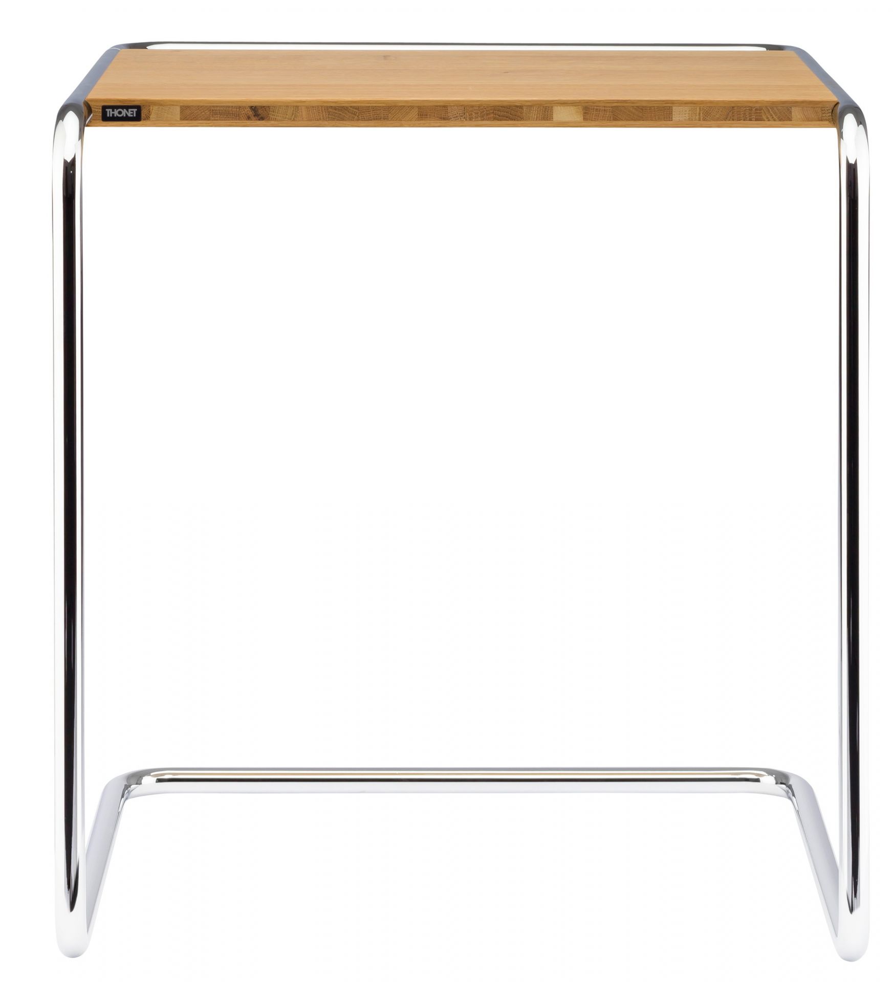 B97 Thonet Beistelltisch mit Holzplatte und verchromtem Stahlrohrgestell, modernes Designmöbel.