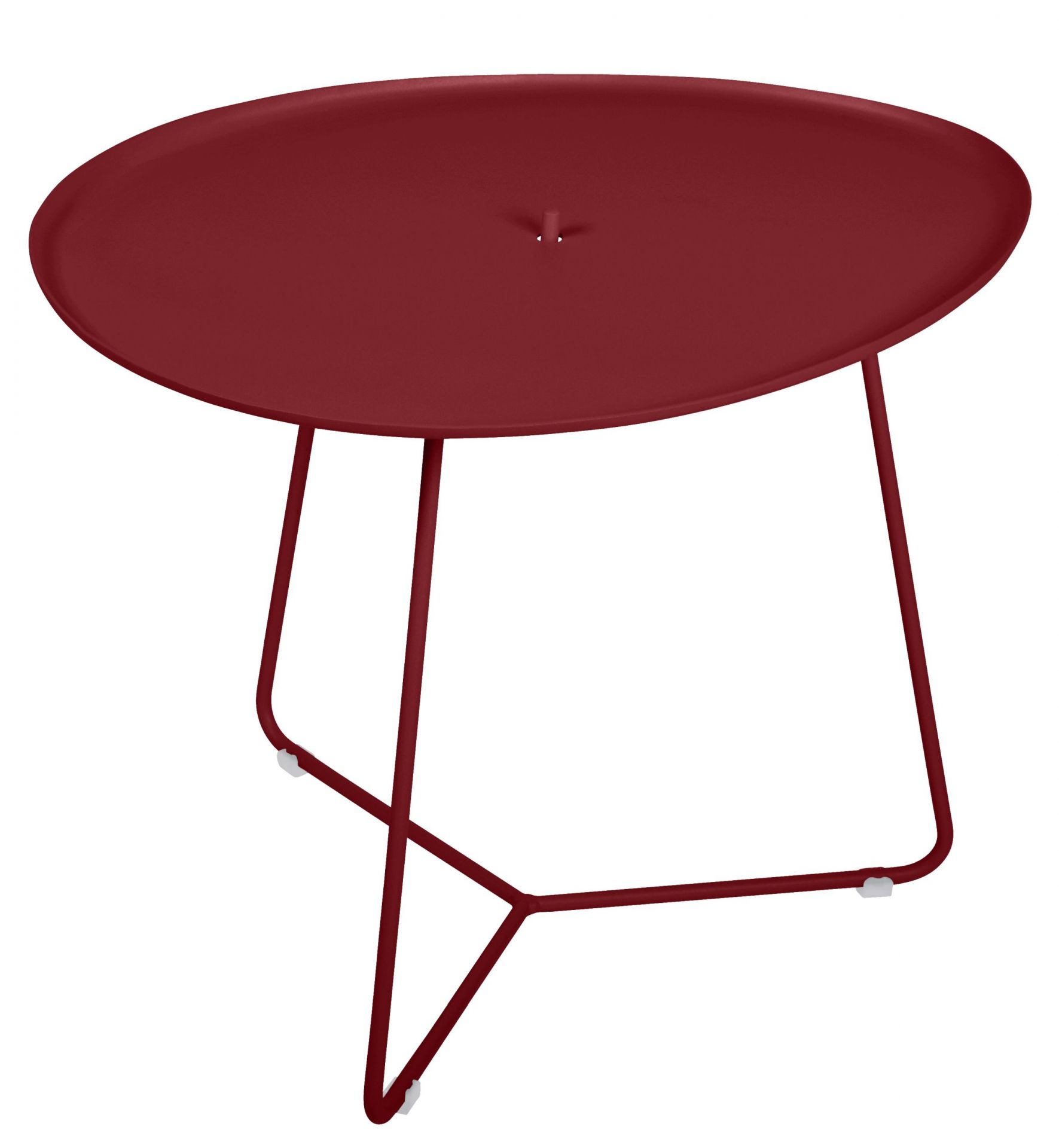 Nahaufnahme des kleinen, roten Fermob Cocotte Outdoor Tisches mit ovaler Tischplatte und filigranem Metallgestell.