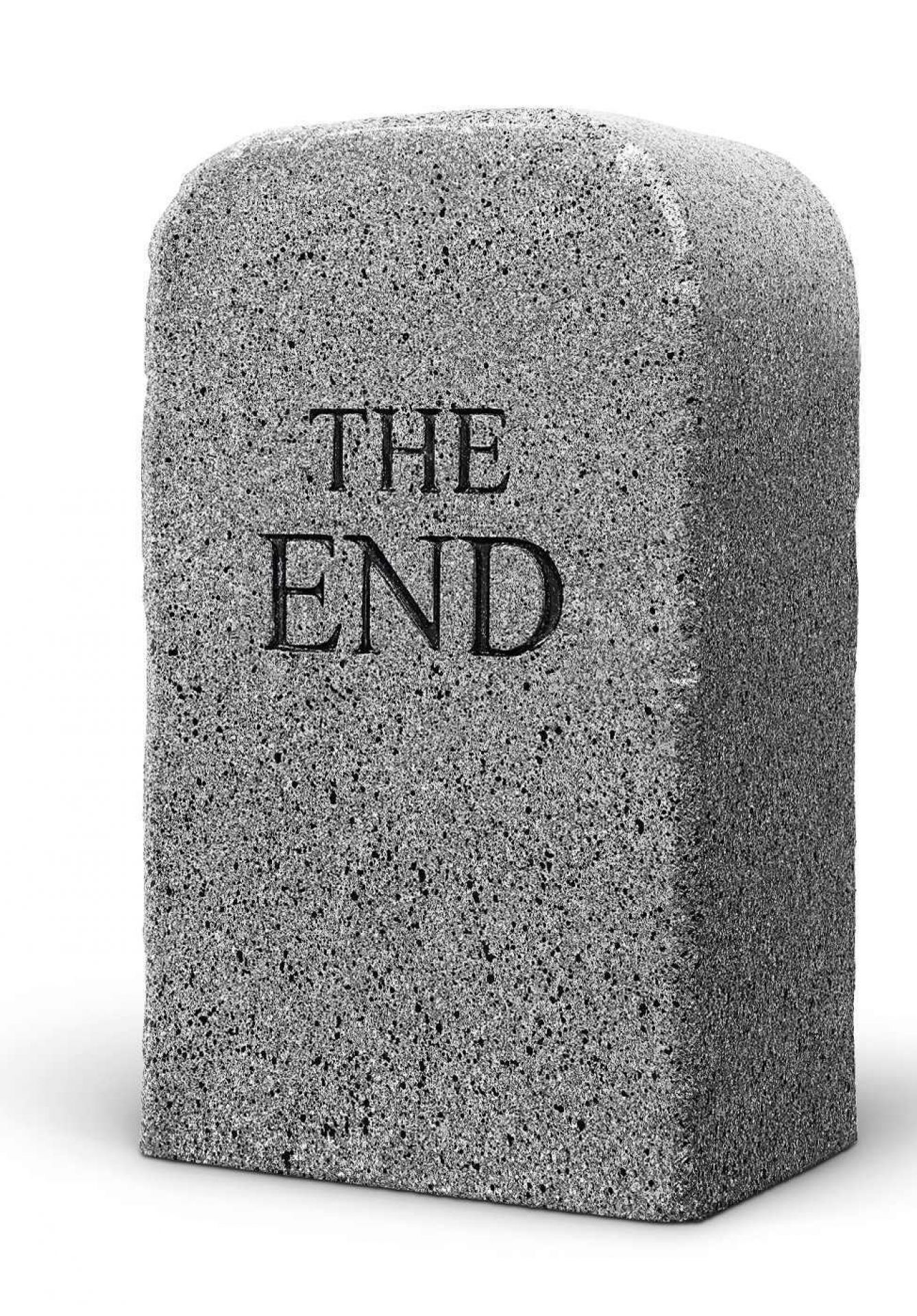 Grauer "The End" Hocker von Gufram aus Polyurethan in Form eines Grabsteins mit der Aufschrift "The End".