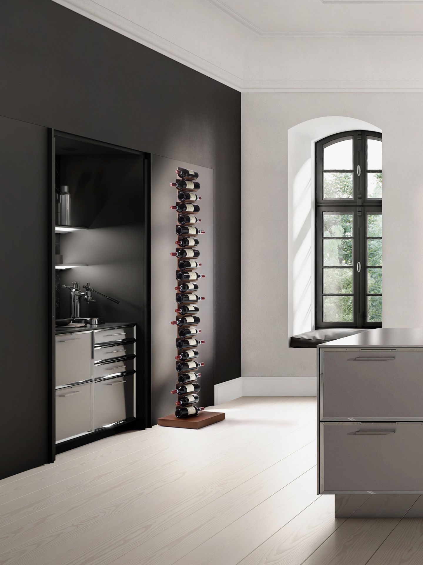Ptolomeo Vino Weinregal von Opinion Ciatti, stehend mit Weinflaschen in modernem Raum.