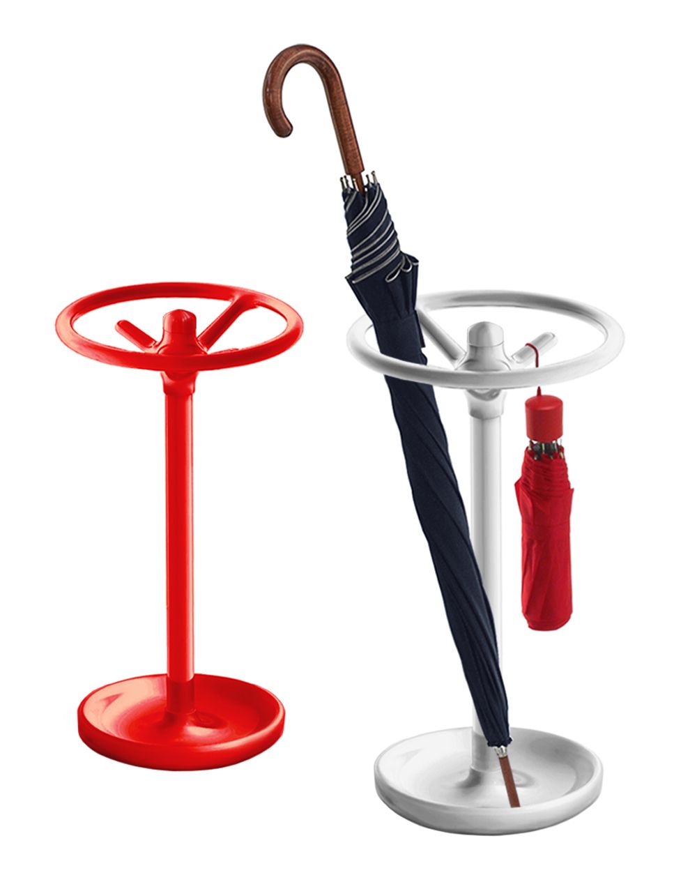 Roter und weißer Bip Schirmständer von Rexite mit Regenschirmen, moderner Schirmhalter für Flur und Eingangsbereich.